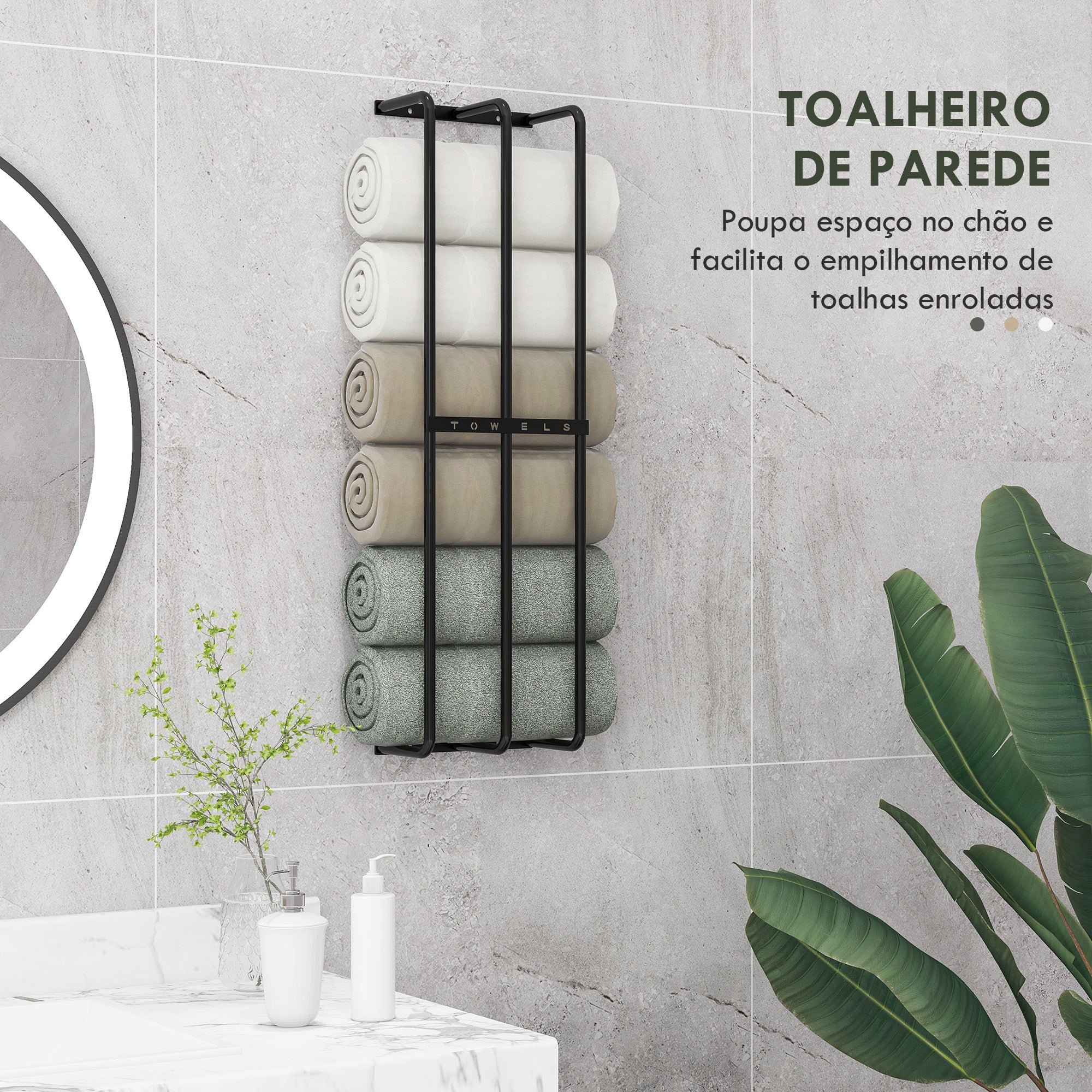 Toalheiro de Casa de Banho Preto 21x12x74 cm - Suporte de Parede com 3 Barras