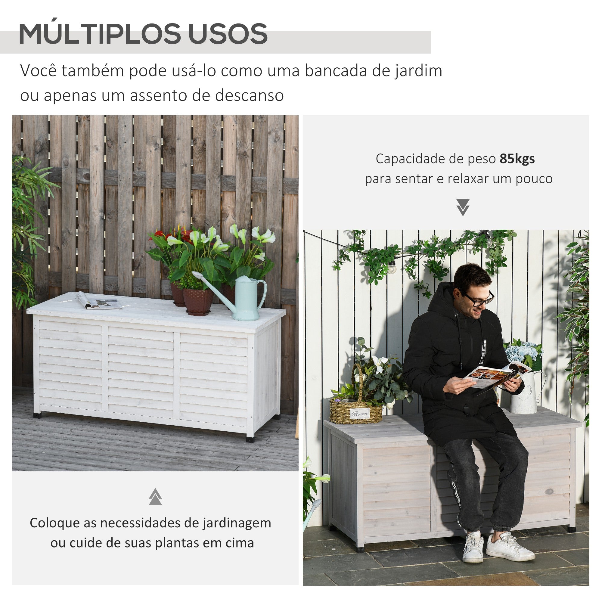 Baú de Madeira para Jardim 127x56x60 cm - Cor Branco