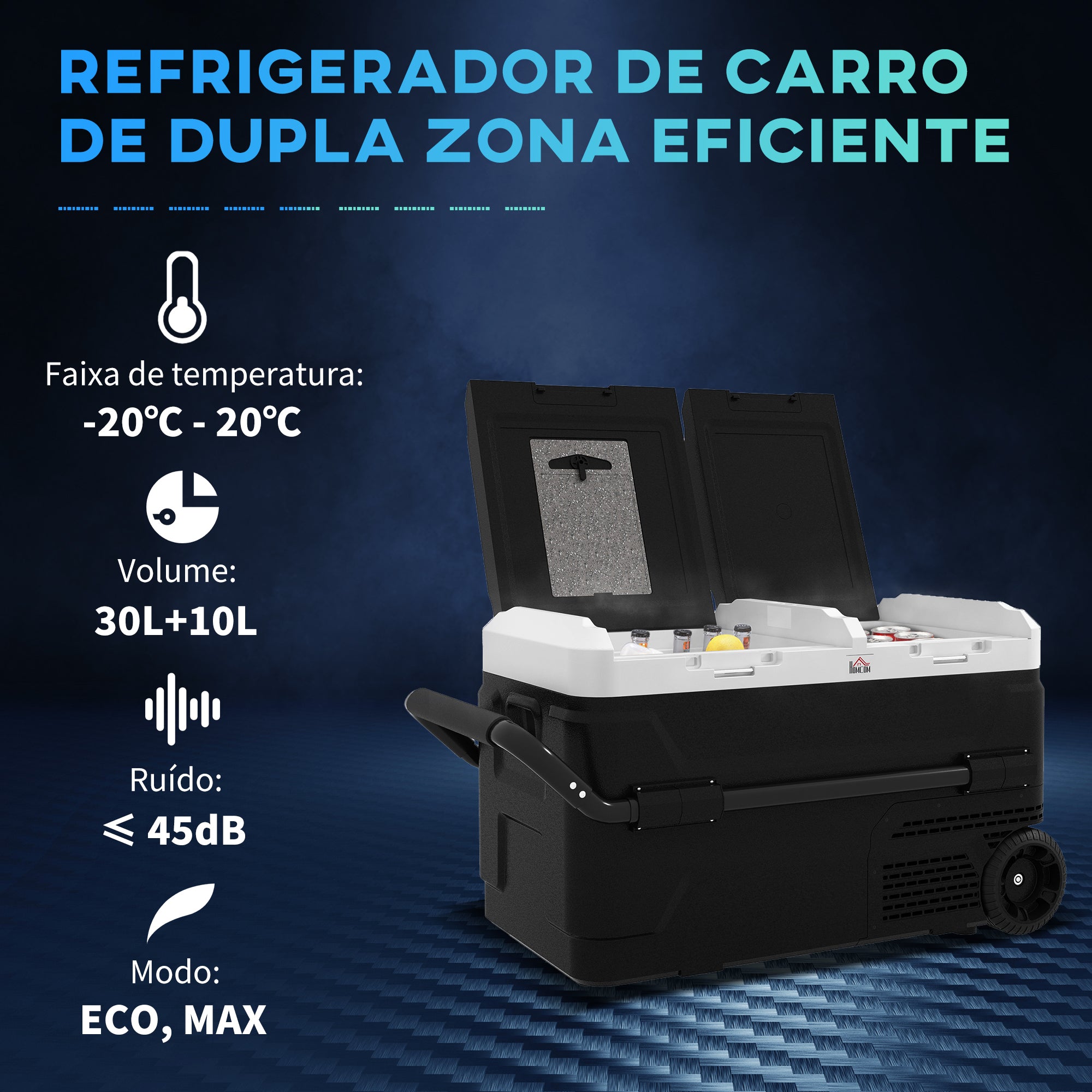 Geleira Elétrica Portátil 40L -20℃ a 20℃ 12 / 24V DC e 100-240V AC 80x47,5x46,6 cm Preto