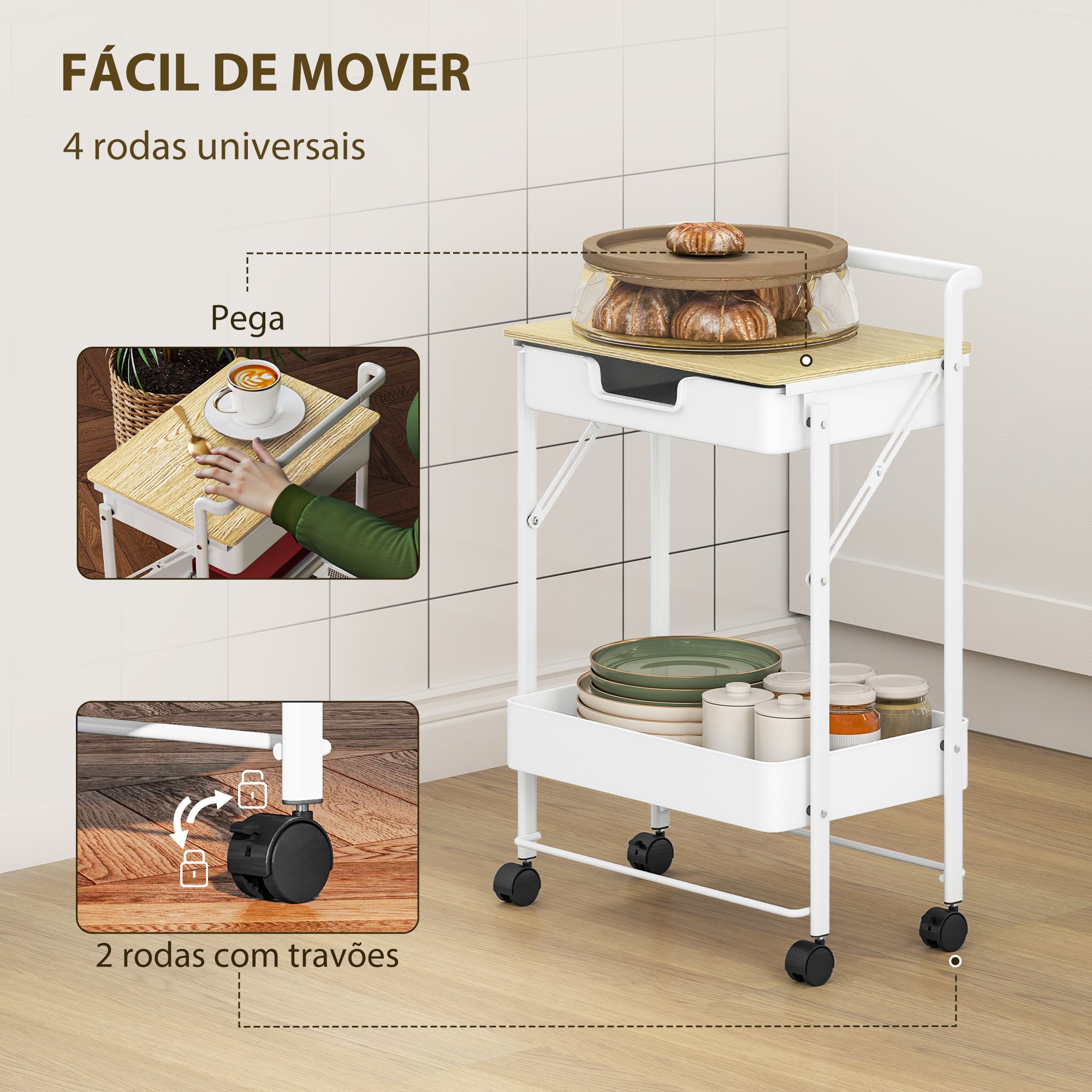 Carrinho Auxiliar de Cozinha 2 Níveis 45x29,5x68 cm Branco