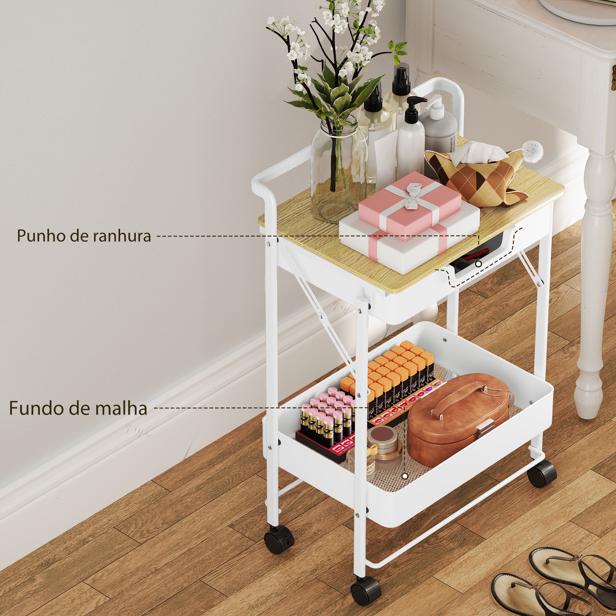 Carrinho Auxiliar de Cozinha 2 Níveis 45x29,5x68 cm Branco