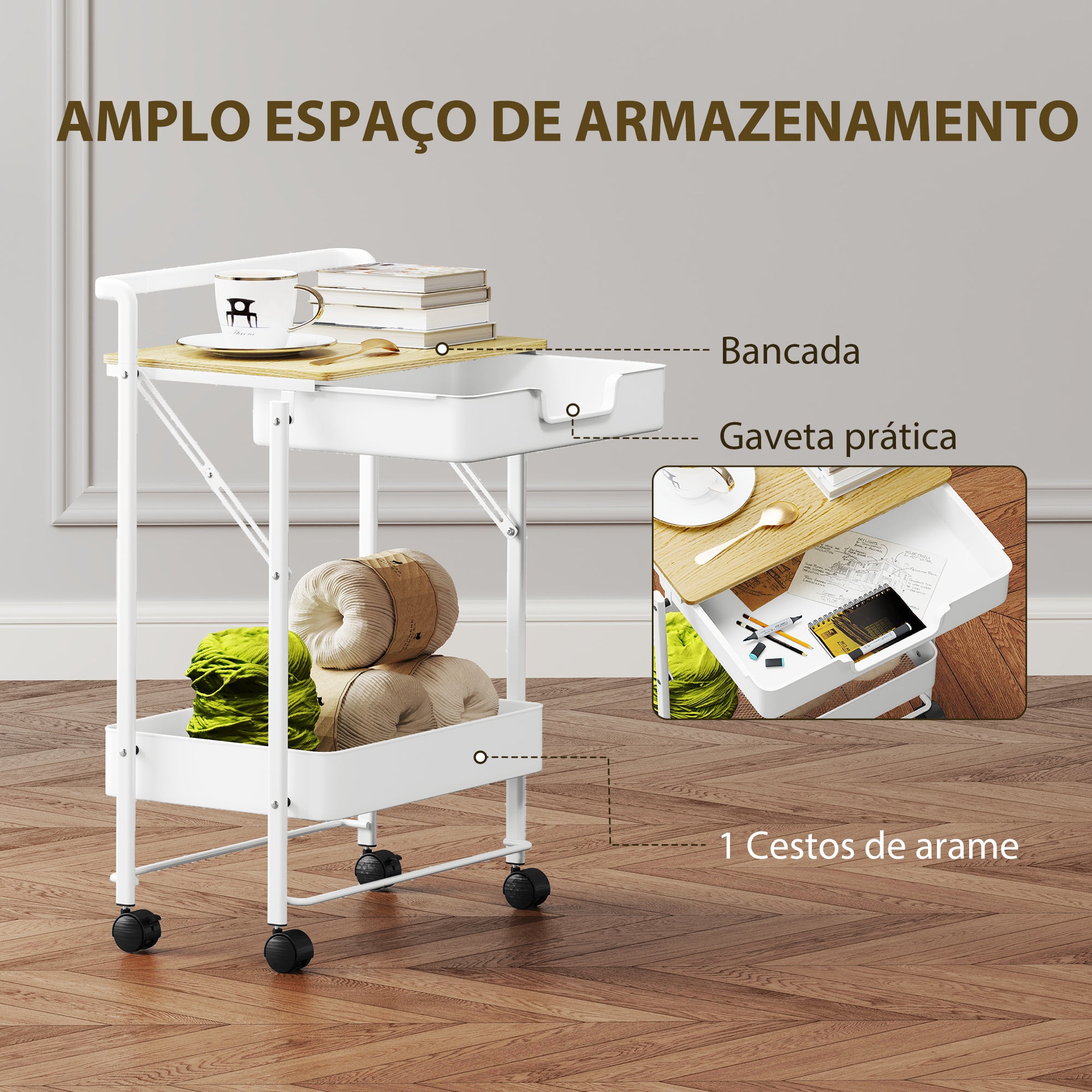 Carrinho Auxiliar de Cozinha 2 Níveis 45x29,5x68 cm Branco
