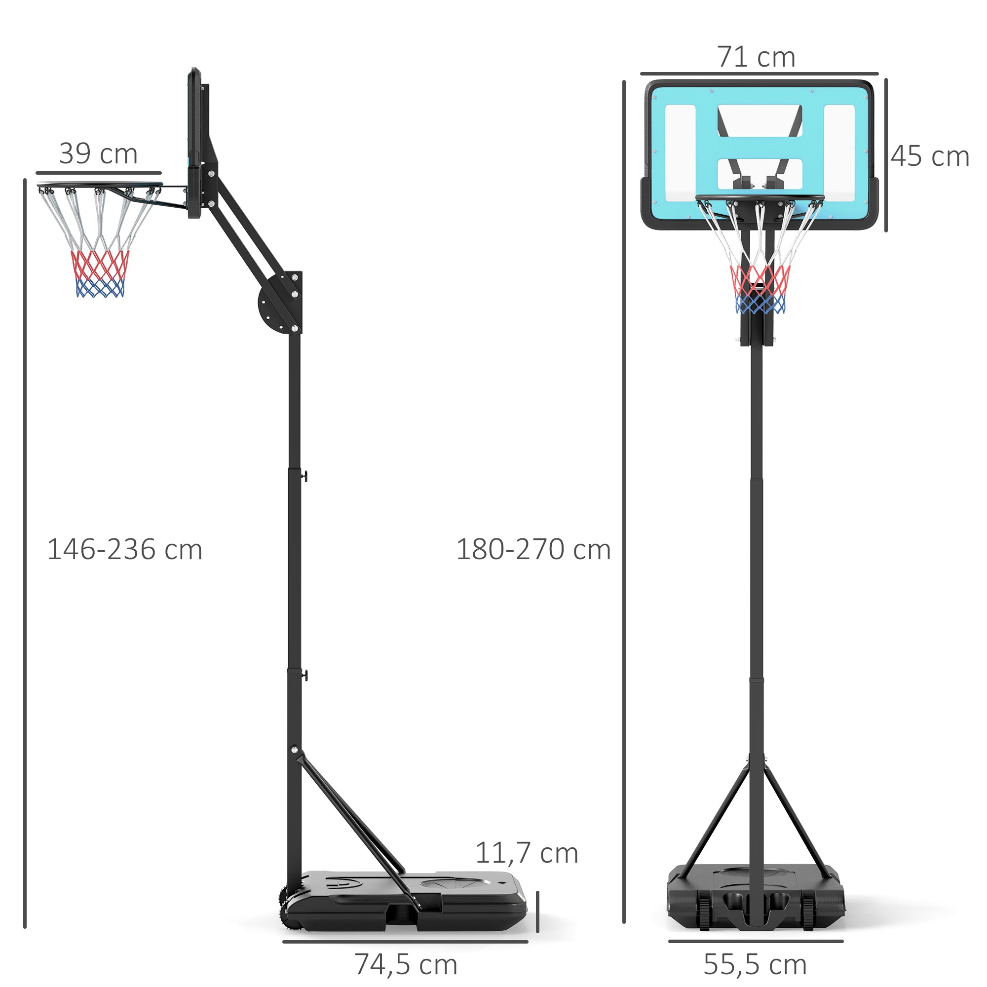 Tabela de Basquetebol Ajustável Preto 71x45x146-236 cm