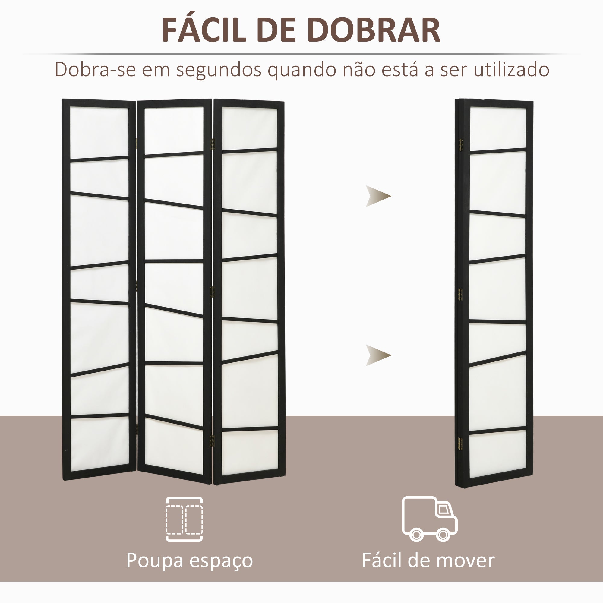 Biombo de 3 Painéis Separador de Ambientes 120x170 cm Preto e Branco