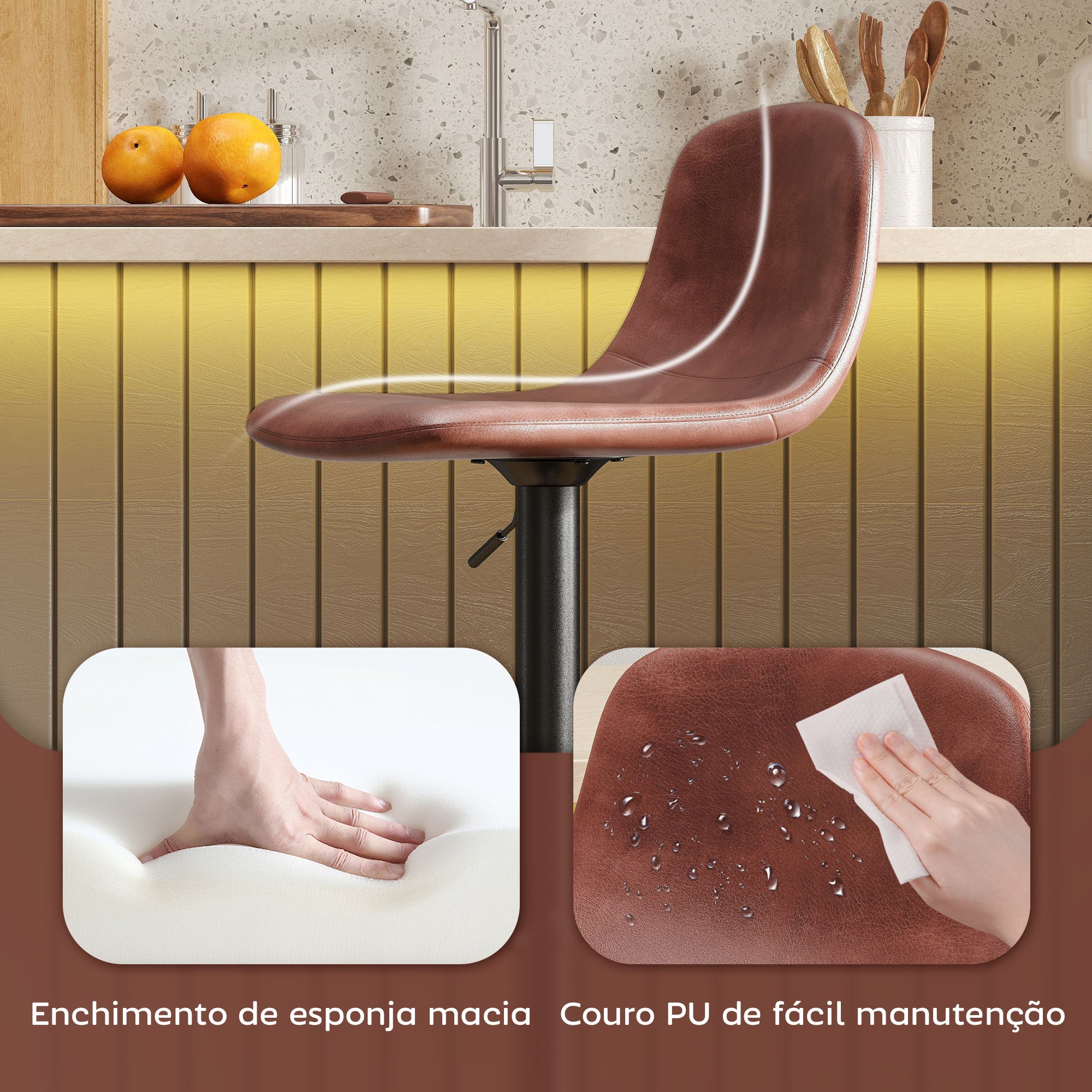 Conjunto de 2 Bancos Altos de Cozinha Marrom 40,5x44x84-104 cm