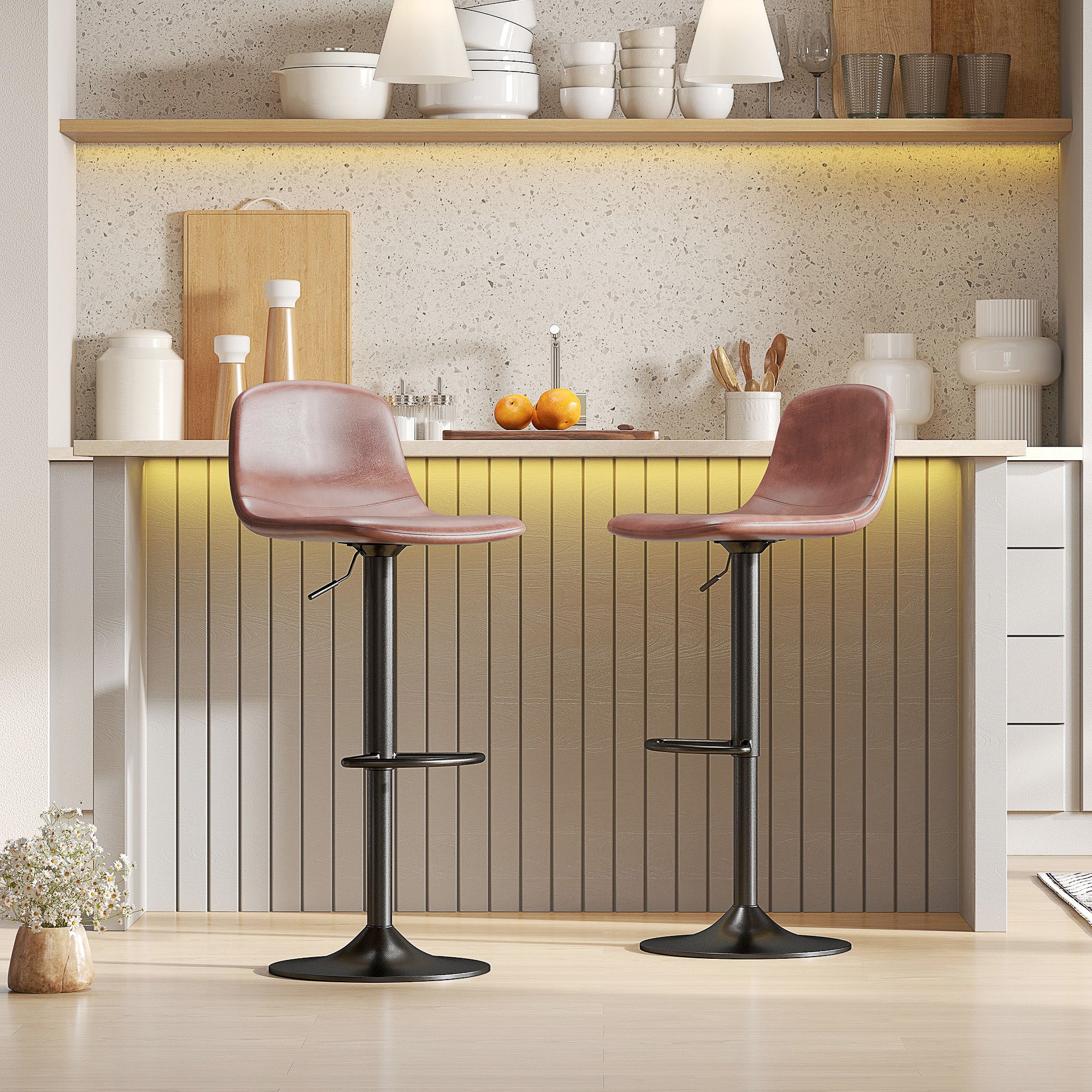 Conjunto de 2 Bancos Altos de Cozinha Marrom 40,5x44x84-104 cm