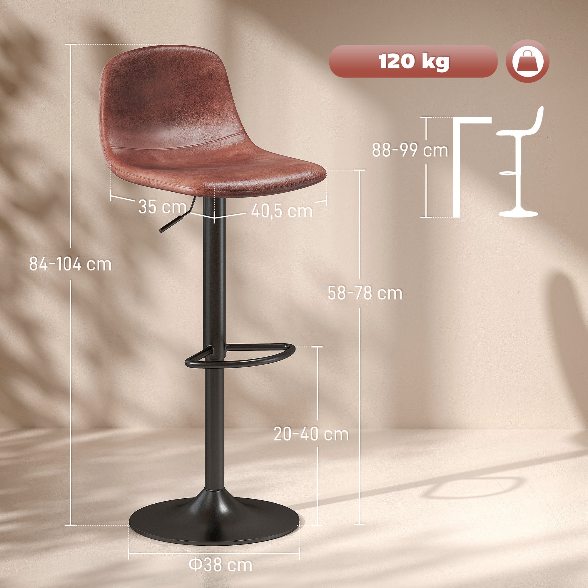 Conjunto de 2 Bancos Altos de Cozinha Marrom 40,5x44x84-104 cm