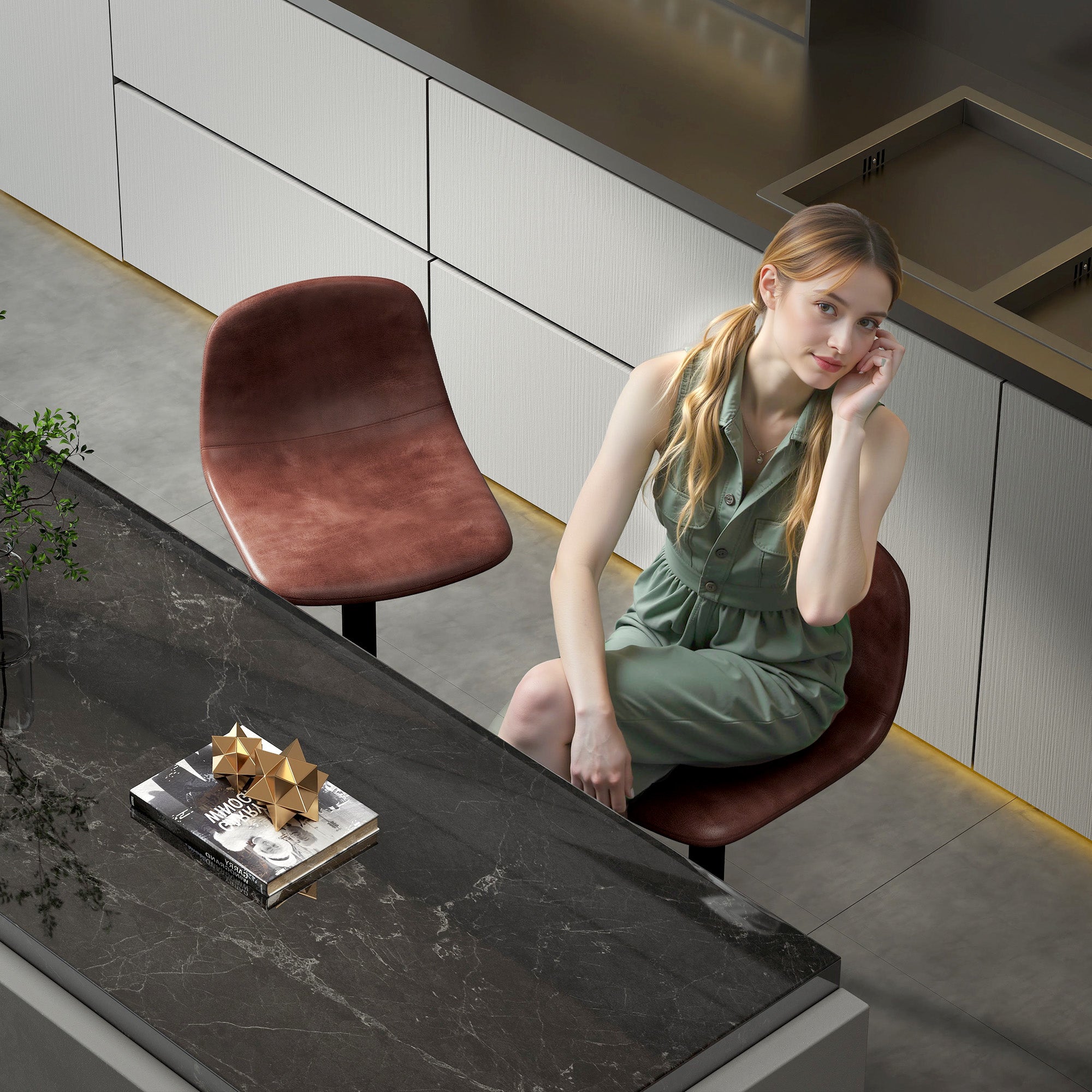 Conjunto de 2 Bancos Altos de Cozinha Marrom 40,5x44x84-104 cm