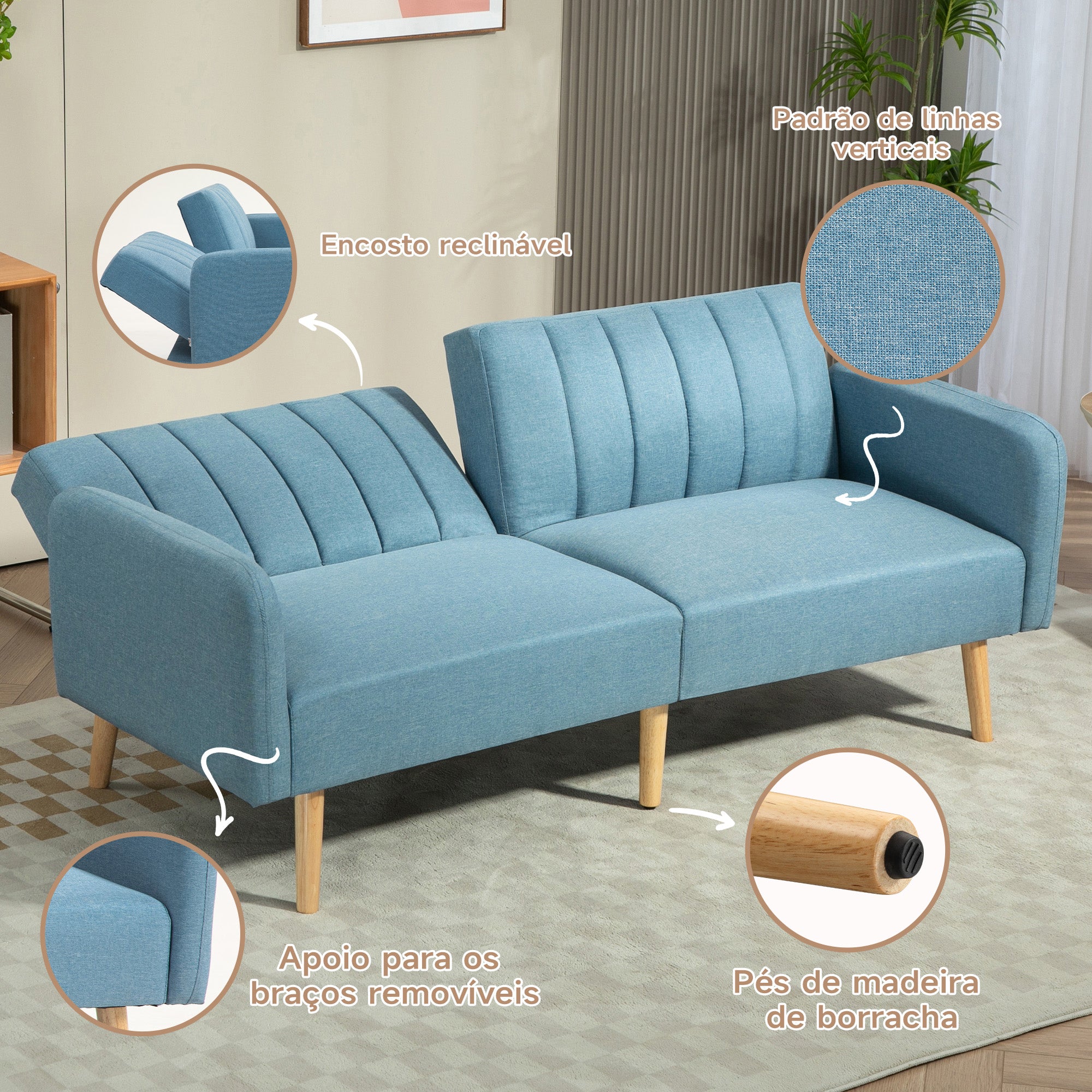 Sofá Cama de 2 Lugares 173x75x73 cm Azul Claro