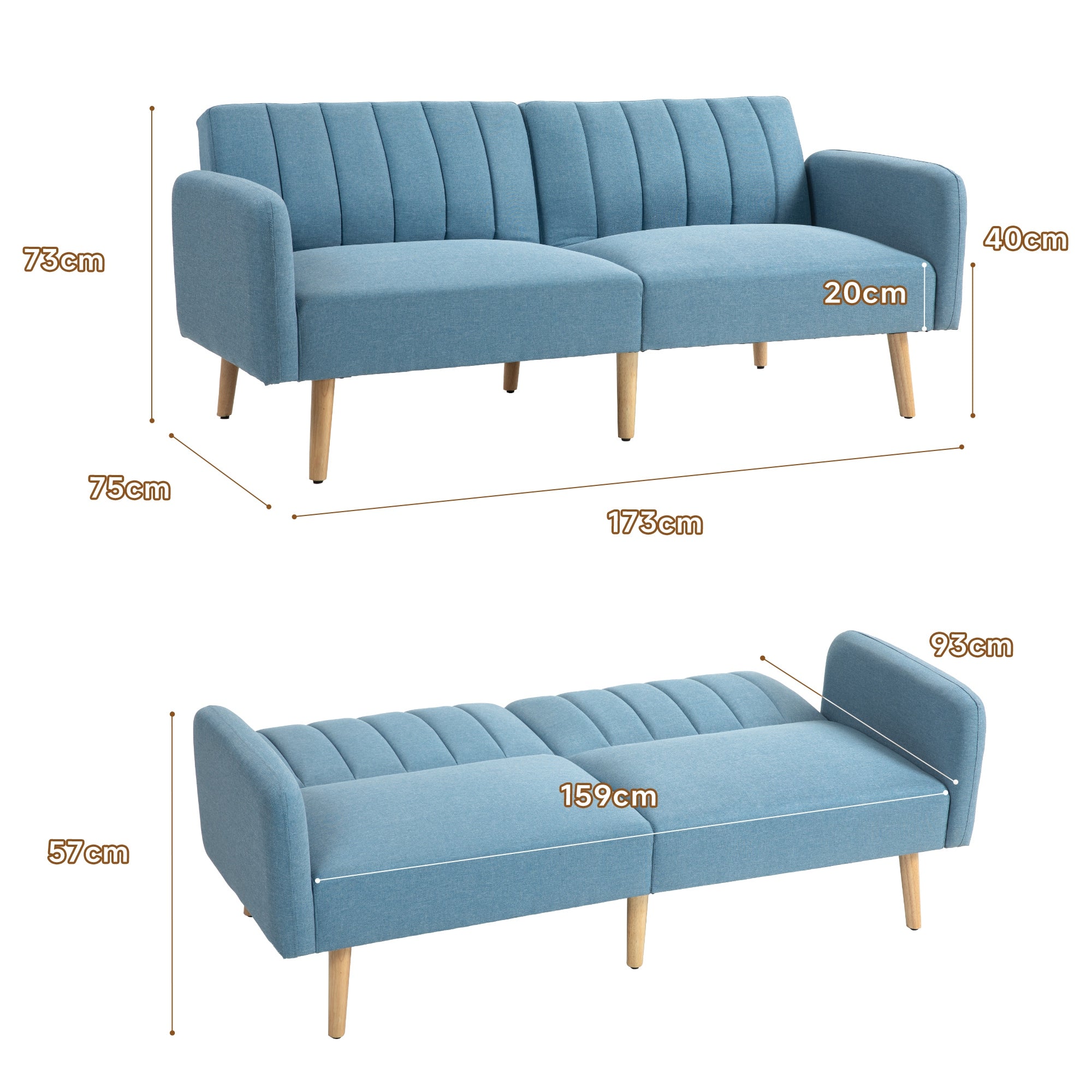 Sofá Cama de 2 Lugares 173x75x73 cm Azul Claro