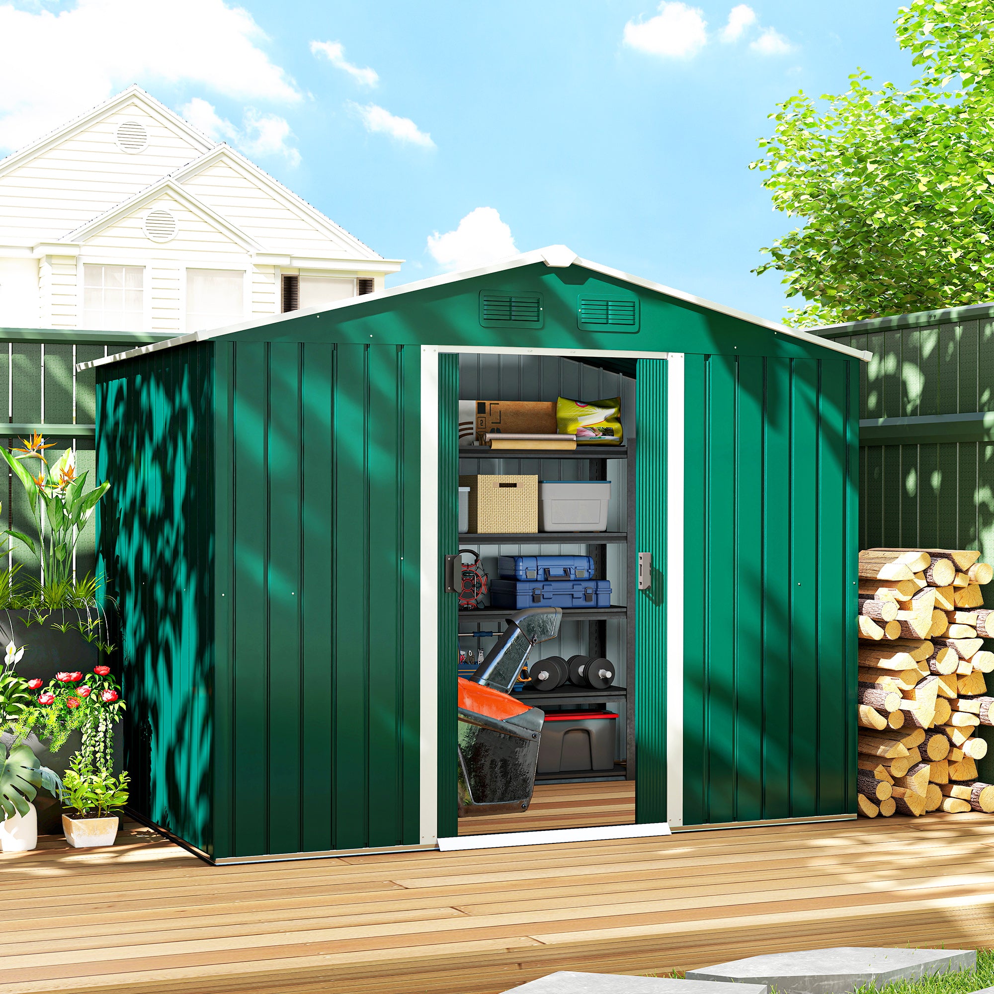Abrigo de Jardim Verde 236x174x190 cm - Armazenamento de Ferramentas com Portas de Correr