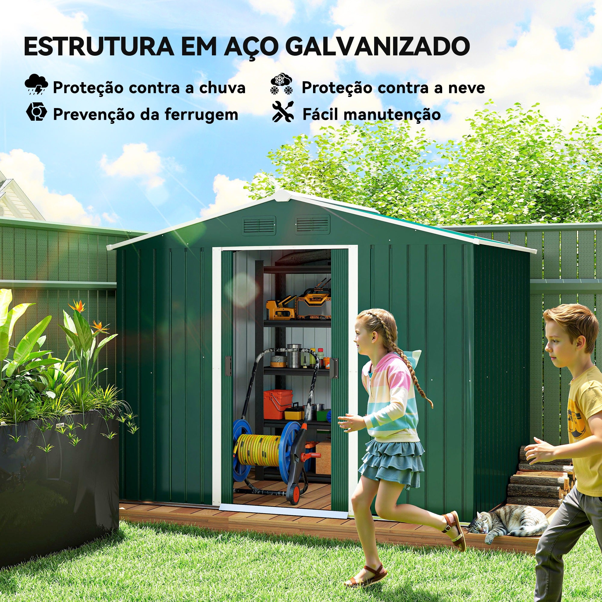Abrigo de Jardim Verde 236x174x190 cm - Armazenamento de Ferramentas com Portas de Correr