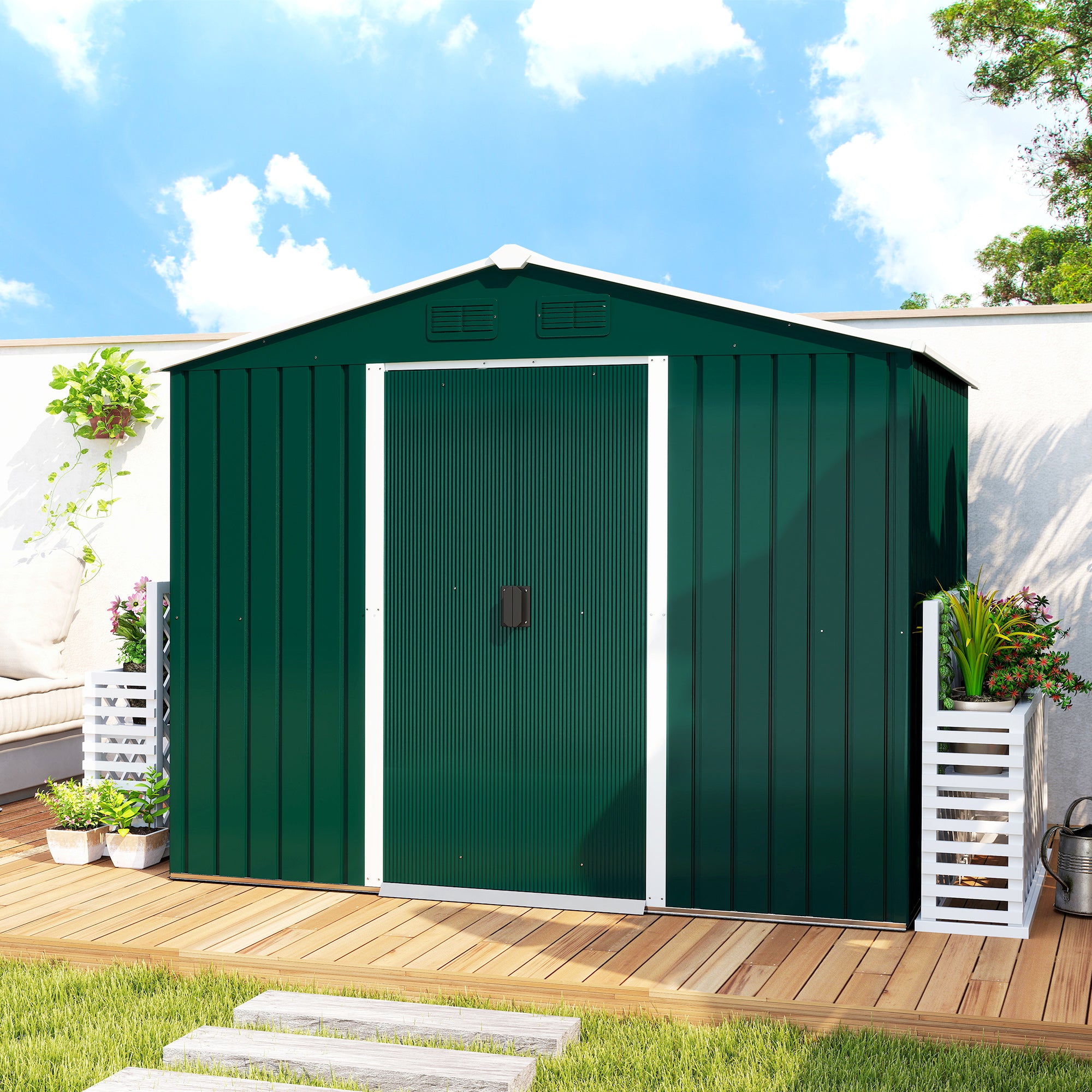 Abrigo de Jardim Verde 236x174x190 cm - Armazenamento de Ferramentas com Portas de Correr