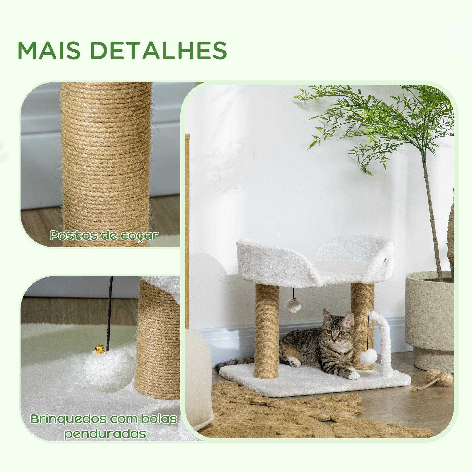 Arranhador para Gatos Branco 48x38x42 cm com Cama e Bolas Suspensas
