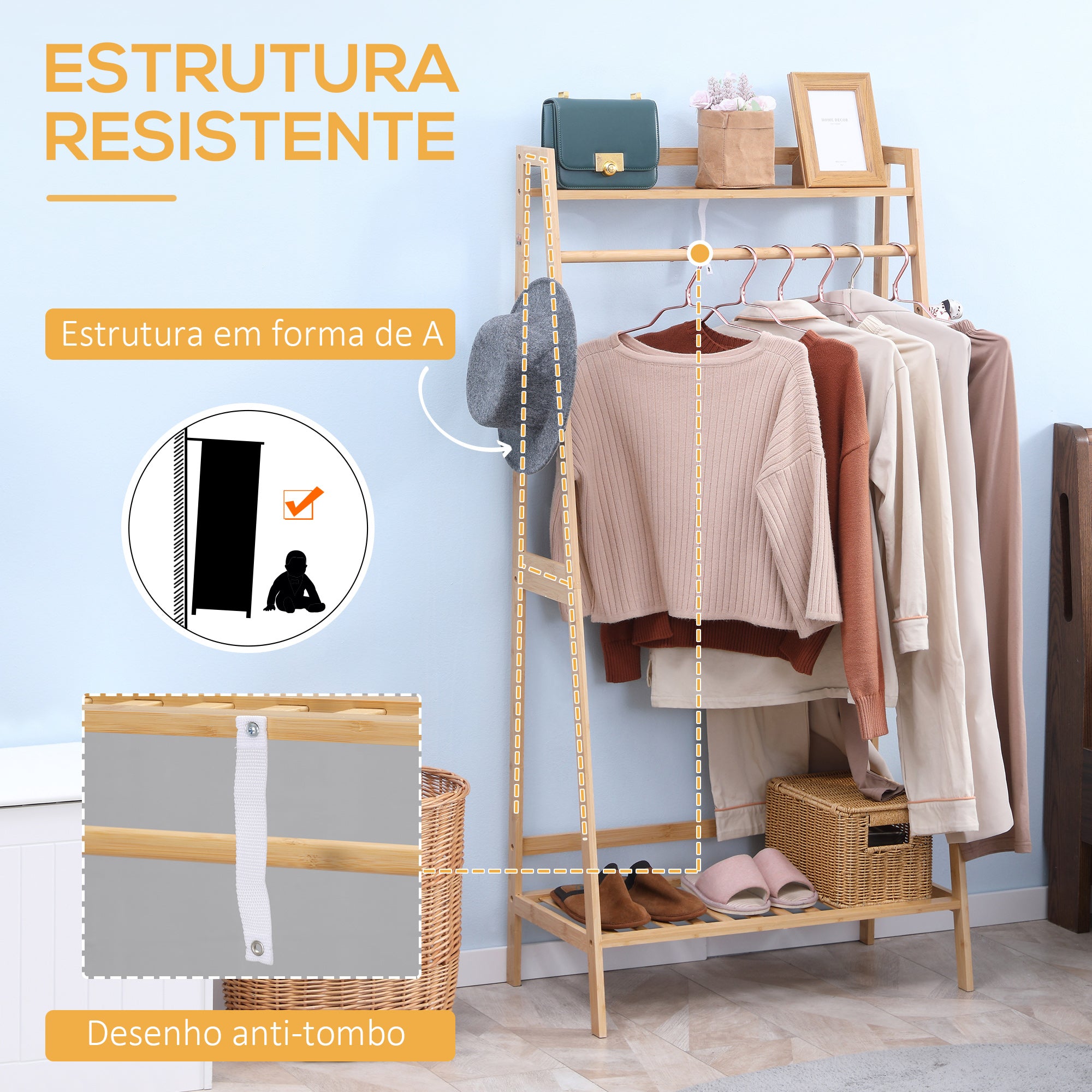 Suporte para Cabides de Bambu 82x36.8x140cm Cor Madeira Natural