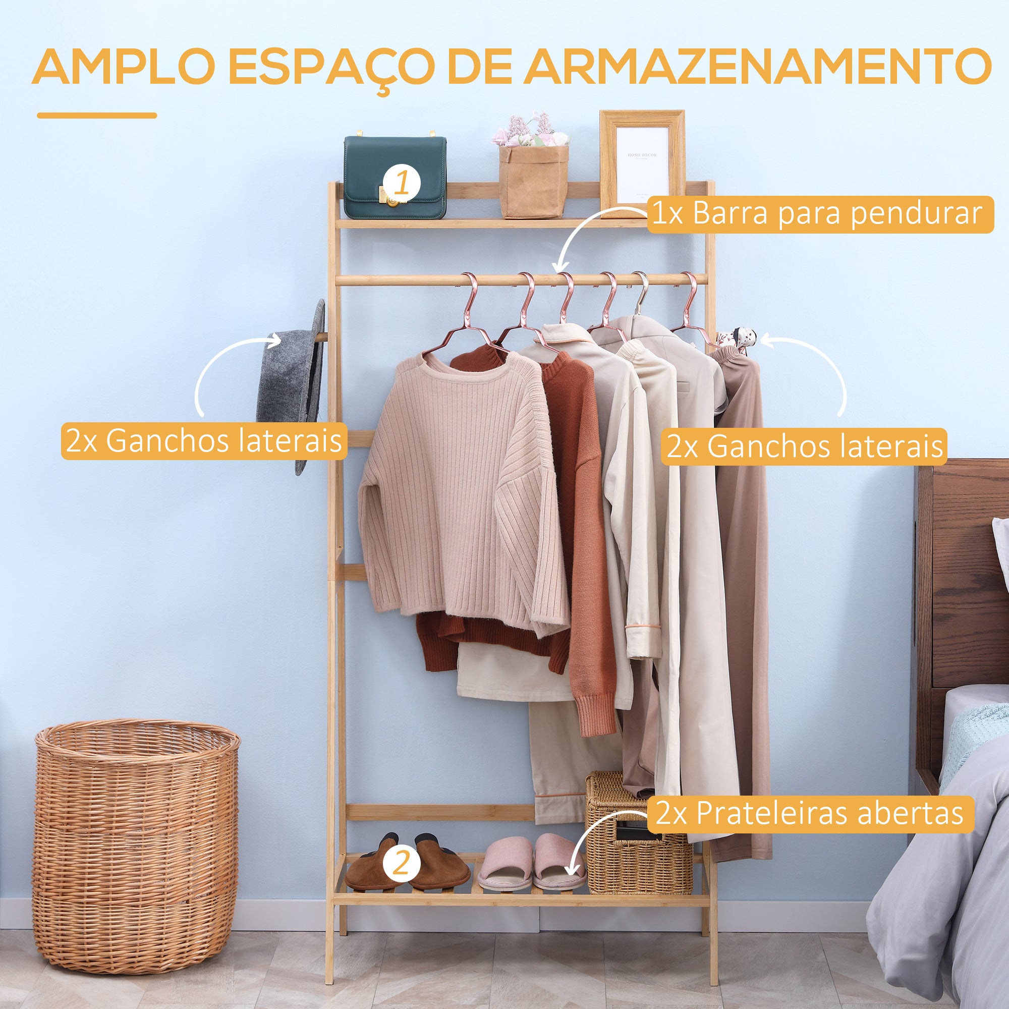 Suporte para Cabides de Bambu 82x36.8x140cm Cor Madeira Natural