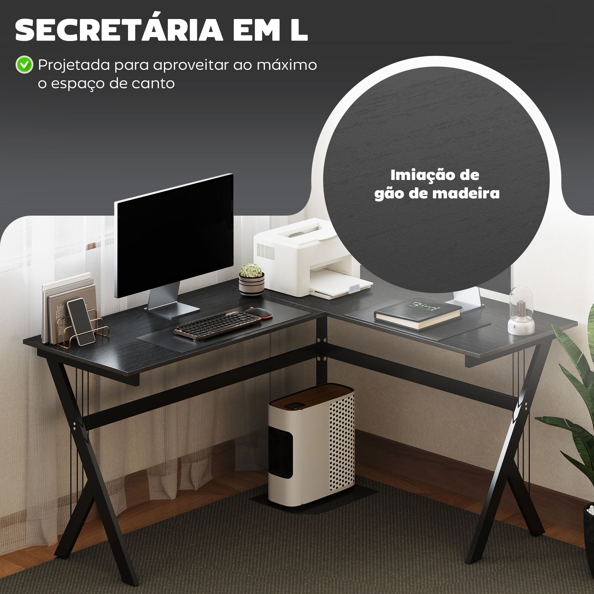 Secretária de PC em Forma de L - Cor Preto - 155 x 130 x 76 cm