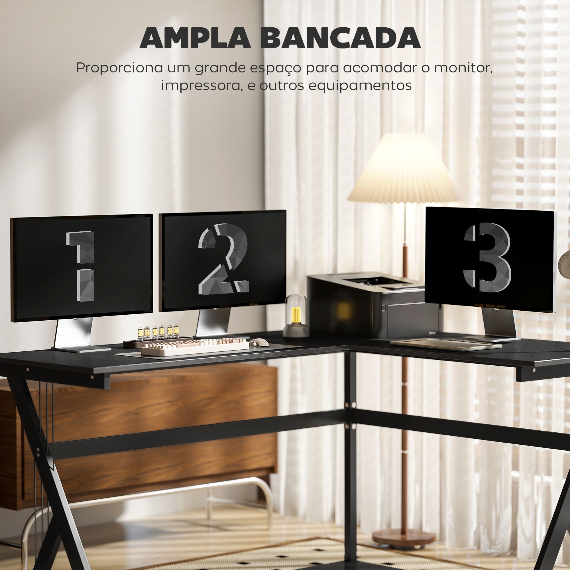 Secretária de PC em Forma de L - Cor Preto - 155 x 130 x 76 cm
