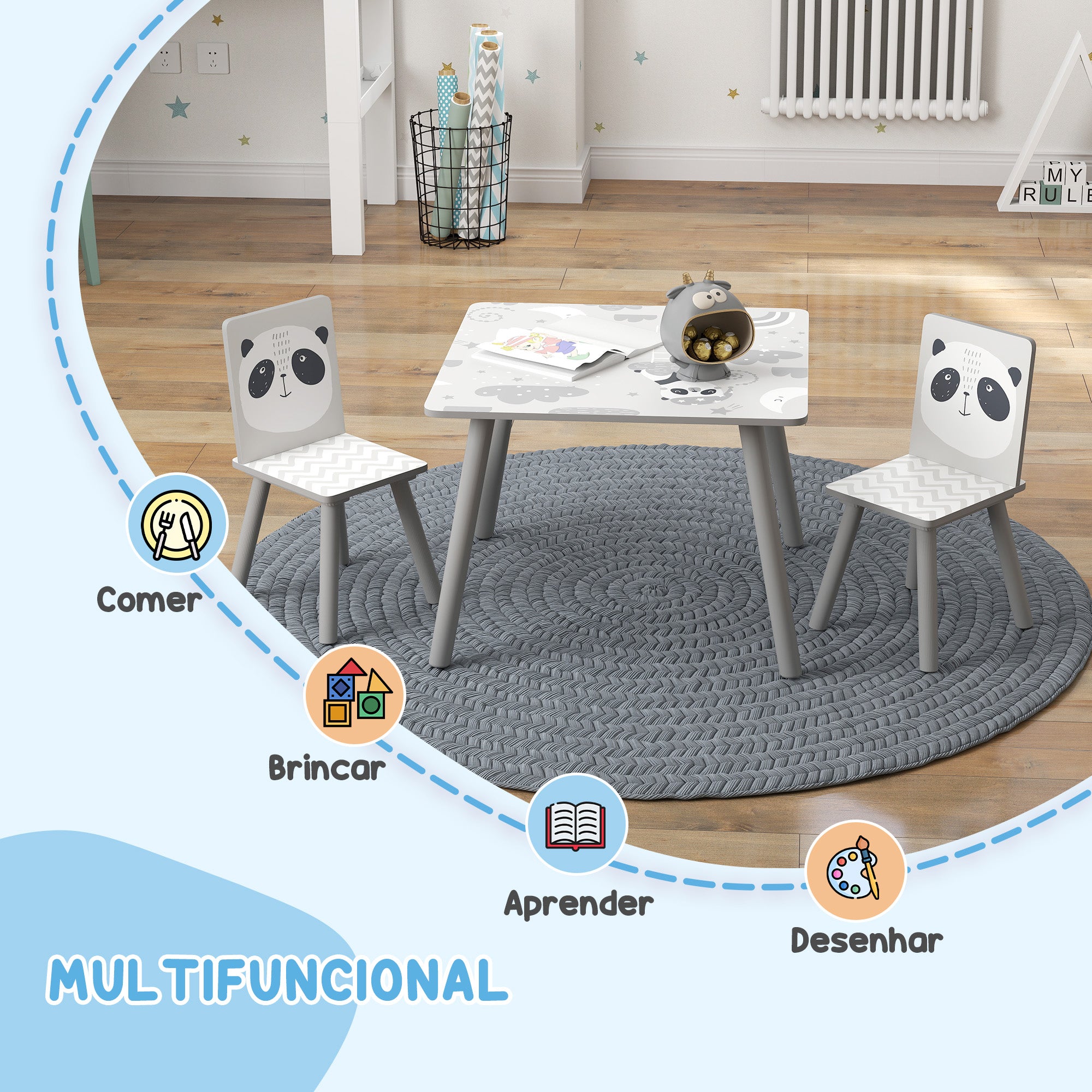 Conjunto de Mesa e Cadeiras para Crianças - 60x60x44 cm - Cinzento