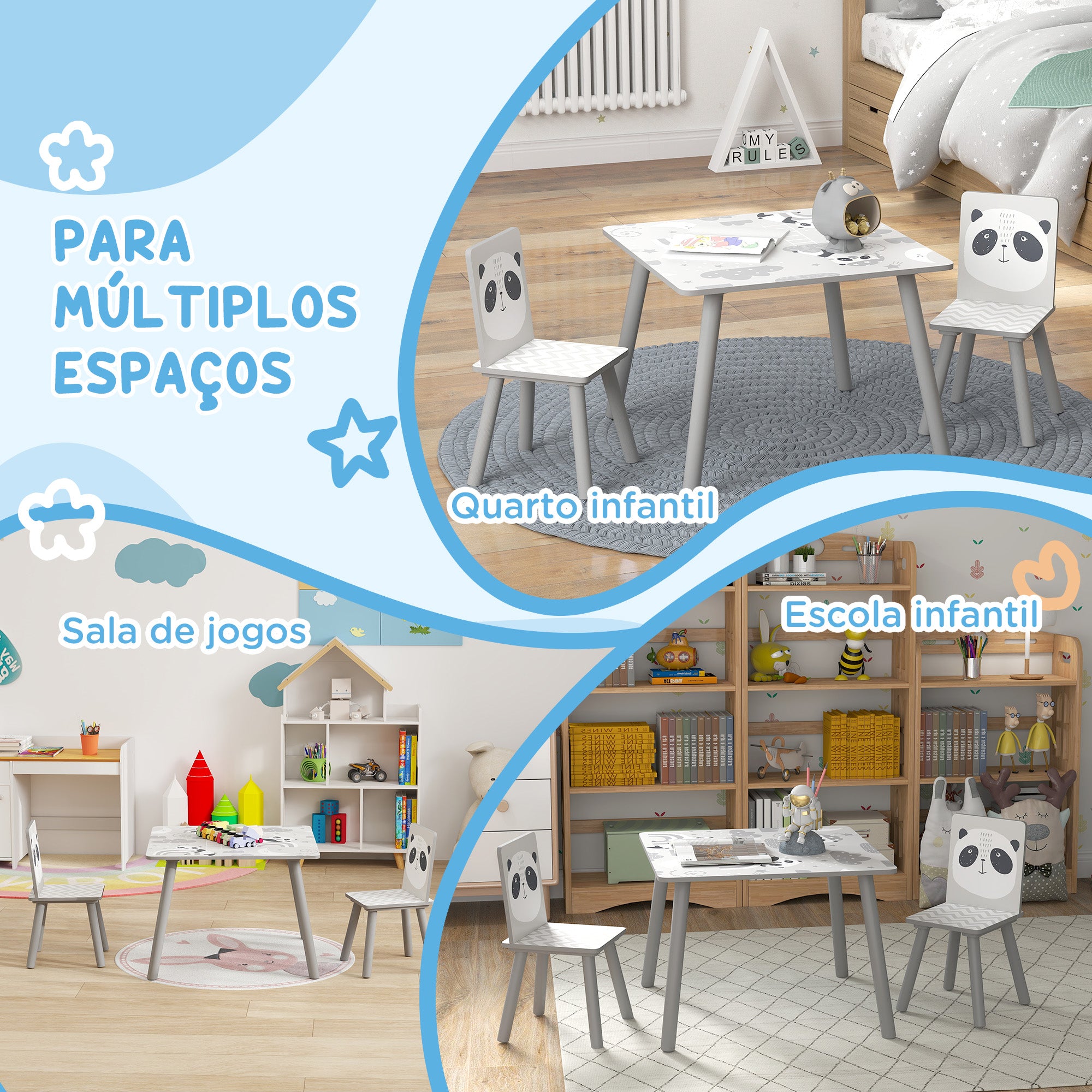 Conjunto de Mesa e Cadeiras para Crianças - 60x60x44 cm - Cinzento