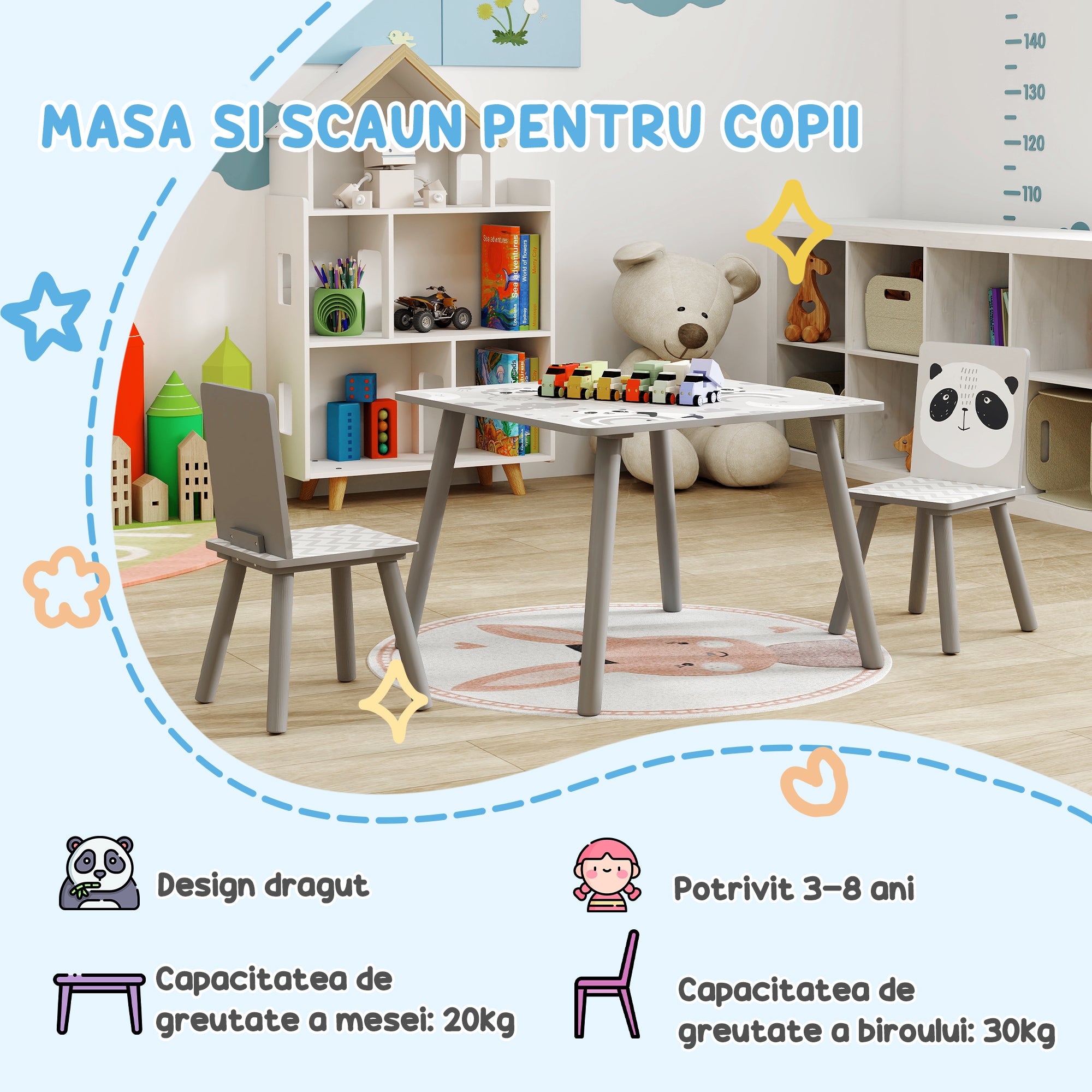 Conjunto de Mesa e Cadeiras para Crianças - 60x60x44 cm - Cinzento