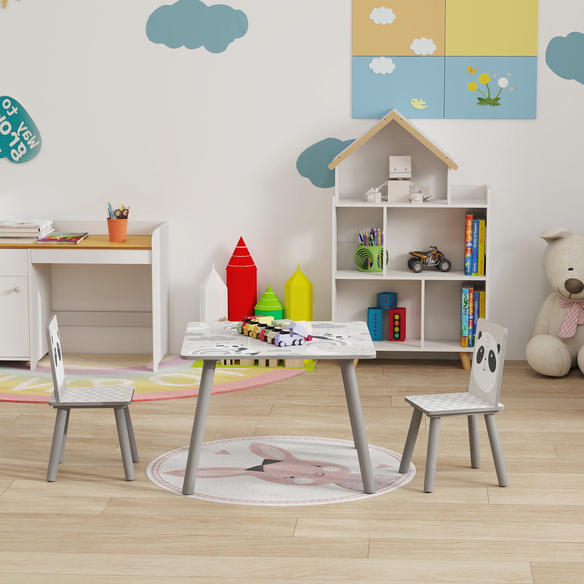 Conjunto de Mesa e Cadeiras para Crianças - 60x60x44 cm - Cinzento