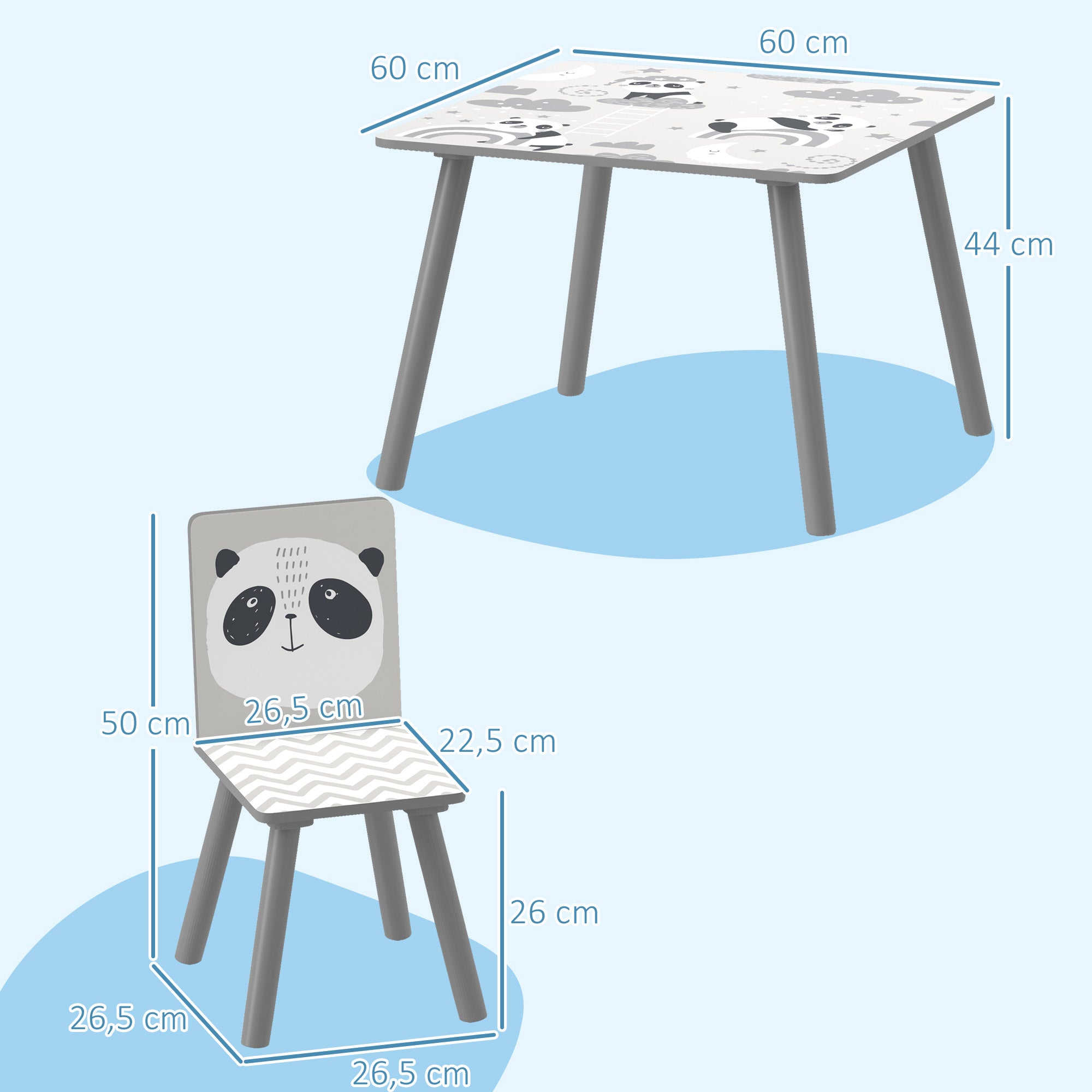 Conjunto de Mesa e Cadeiras para Crianças - 60x60x44 cm - Cinzento