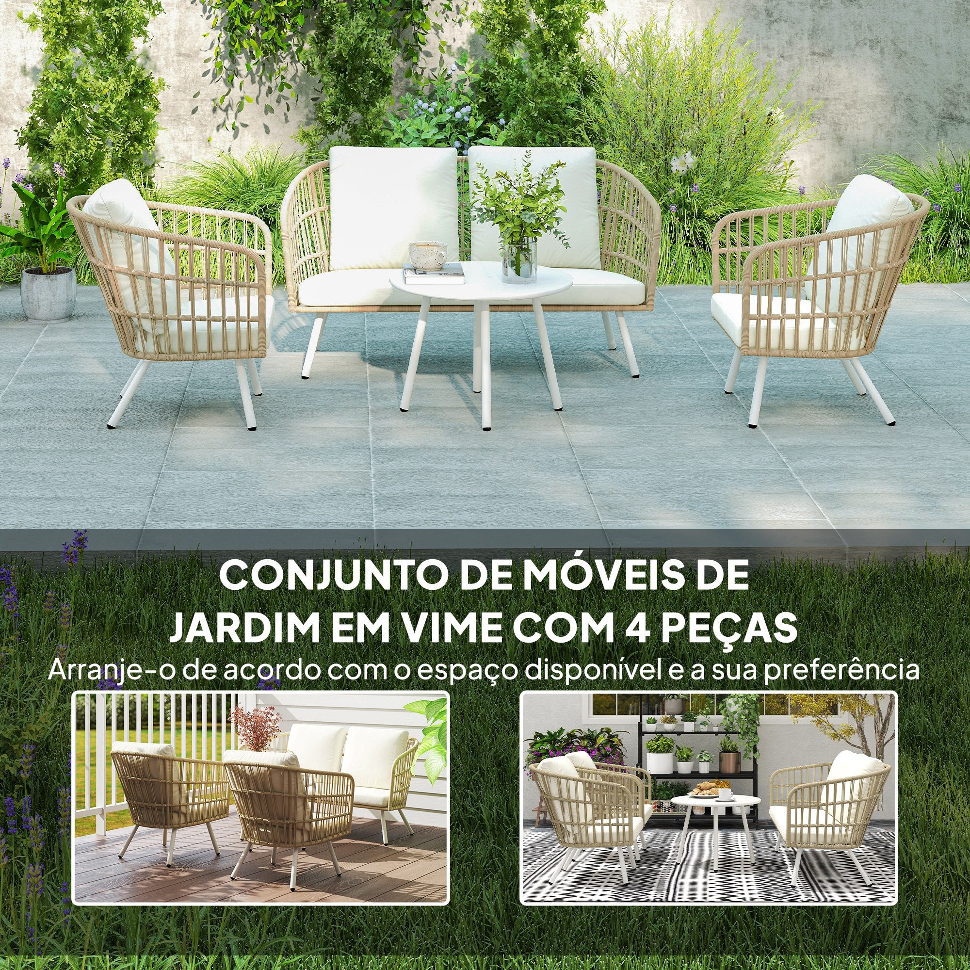 Conjunto de Jardim em Vime Sintético de 4 Peças - Creme e Caqui - 132x65x69 cm