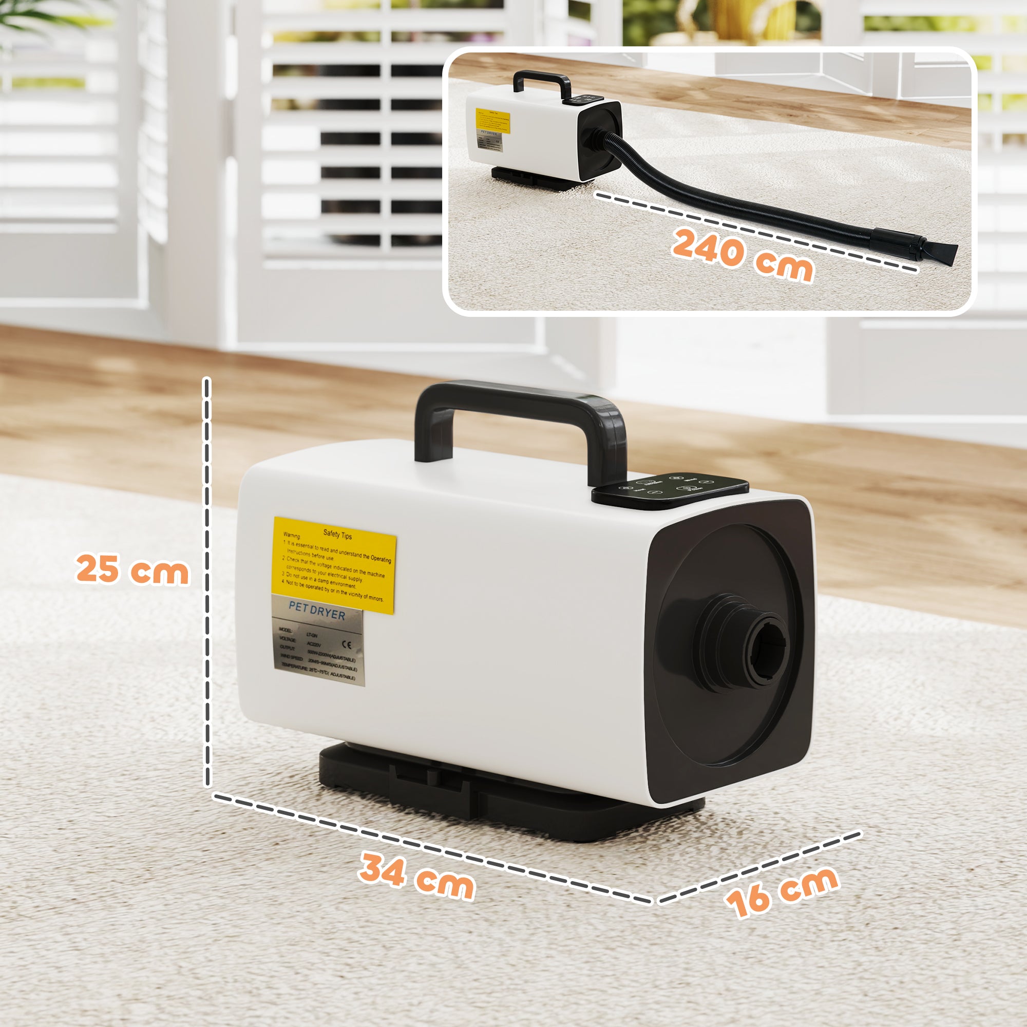 Secador de Cães 2200W Branco 34x16x25 cm - Velocidade e Temperatura Ajustáveis