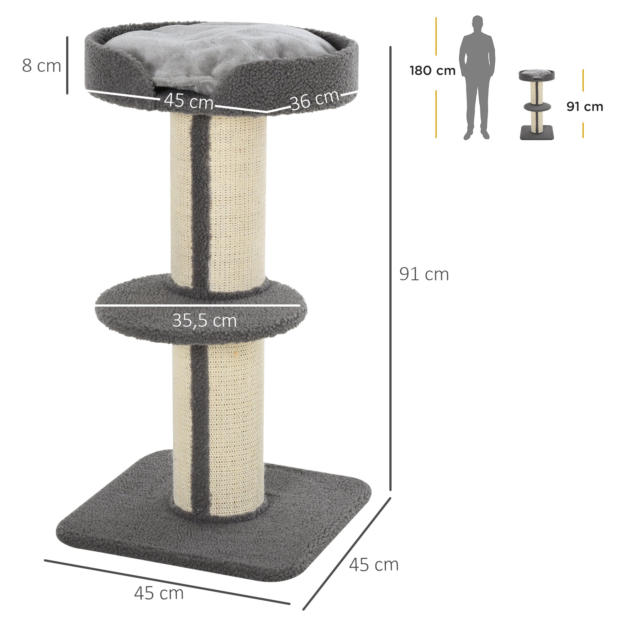 Arranhador para Gatos Cinzento Altura 91 cm - 45x45x91 cm