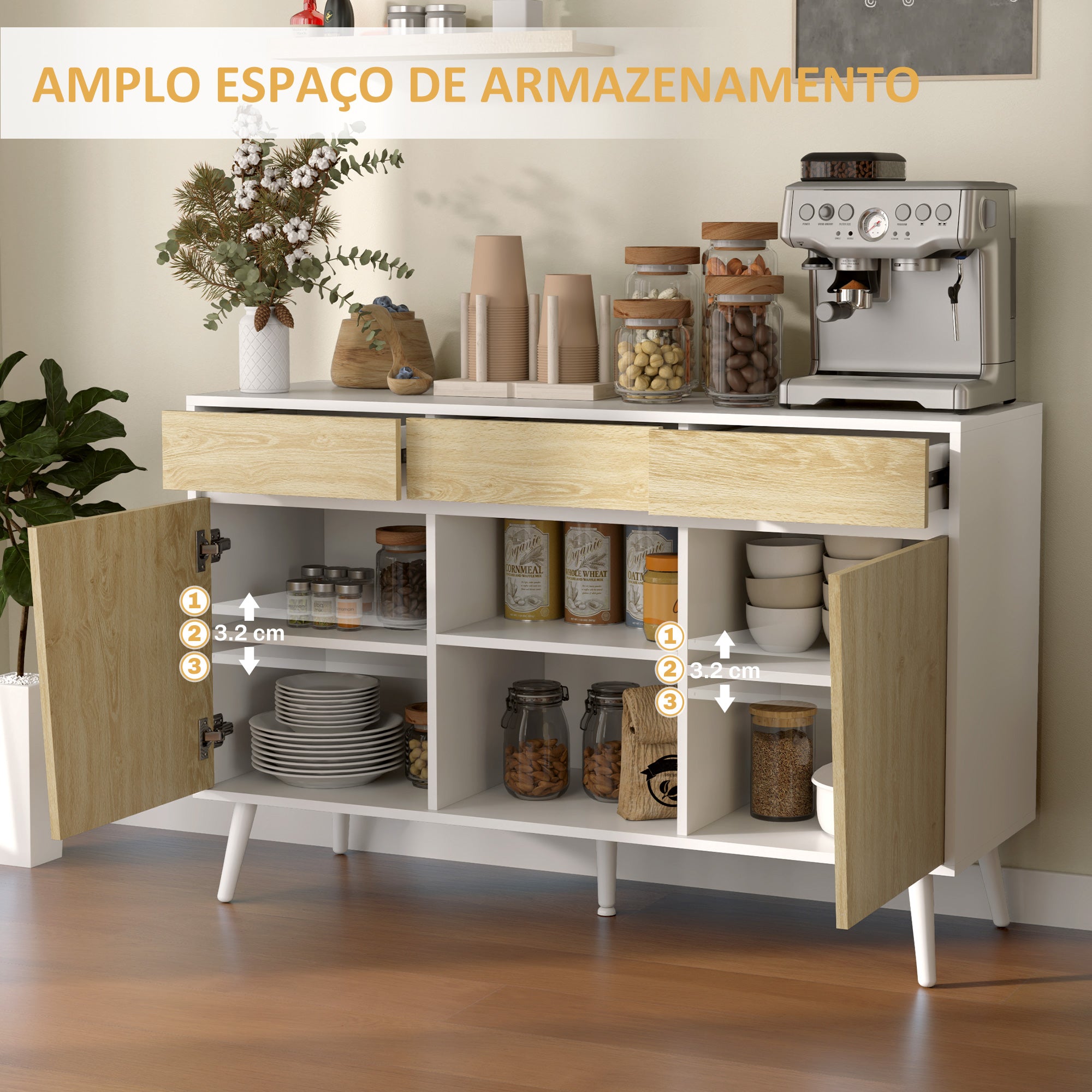 Aparador de 2 Portas com 3 Gavetas 120x39x77 cm - Branco e Madeira