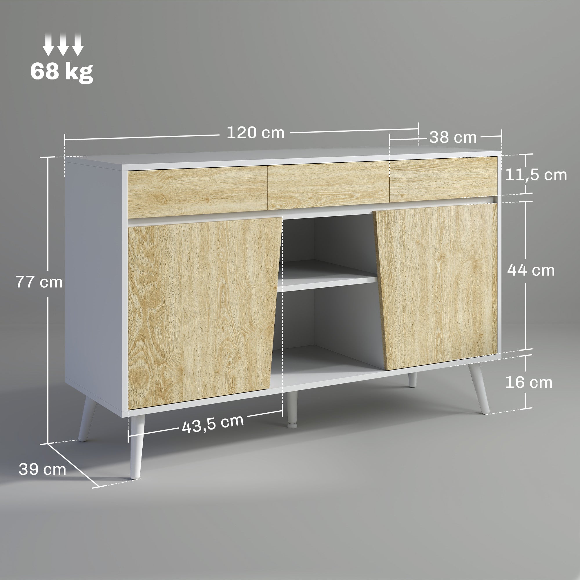 Aparador de 2 Portas com 3 Gavetas 120x39x77 cm - Branco e Madeira