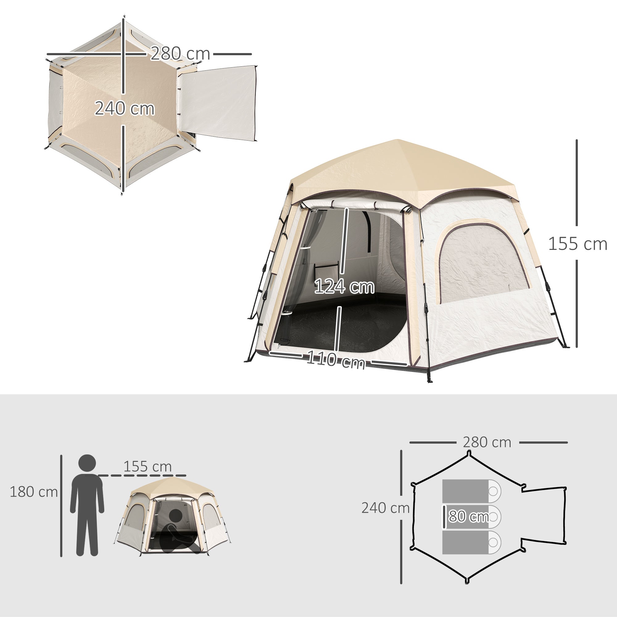 Tenda de Campismo para 2-3 Pessoas 280x240x155 cm - Branco e Bege