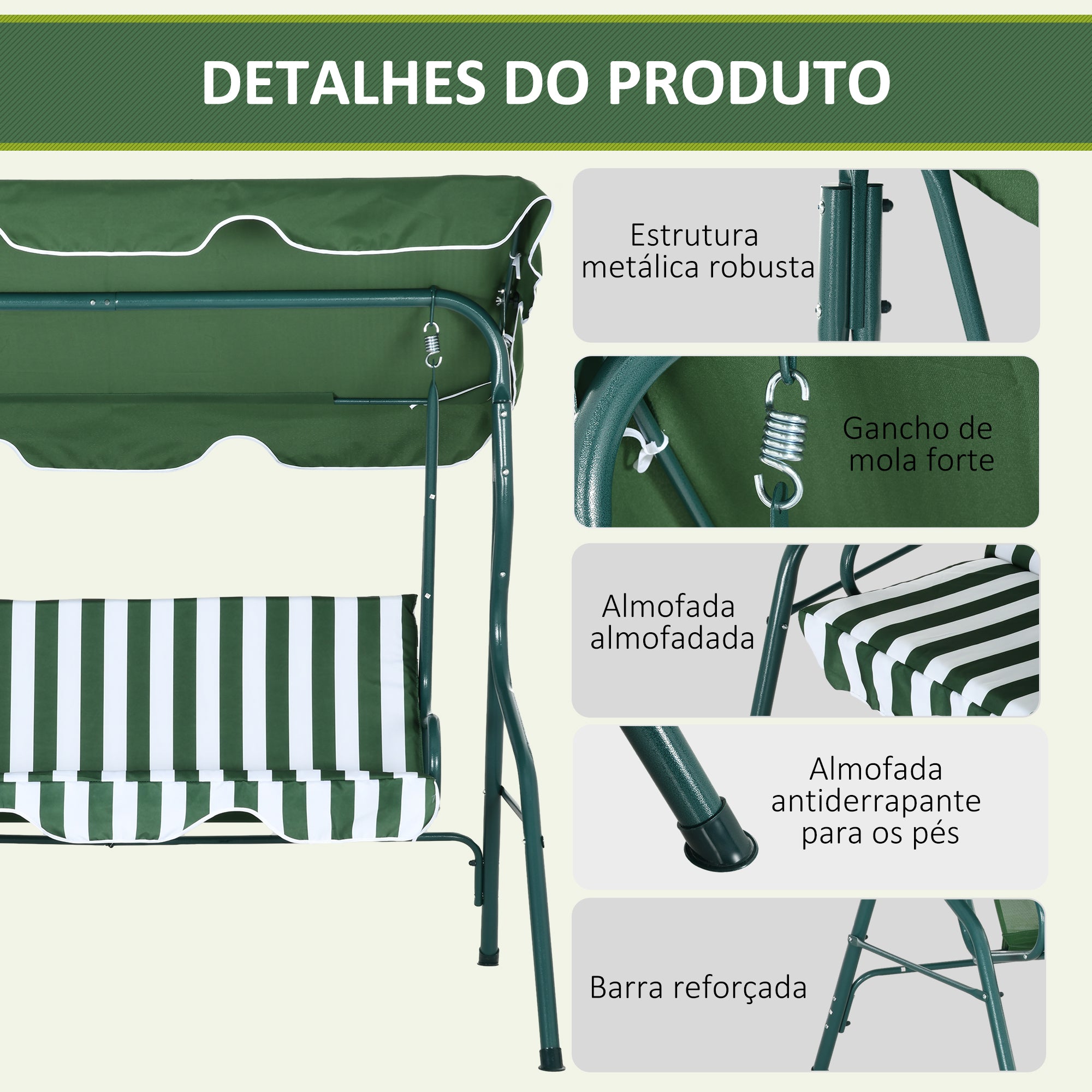 Baloiço de Jardim 2-3 Lugares Verde e Branco 170x110x153cm