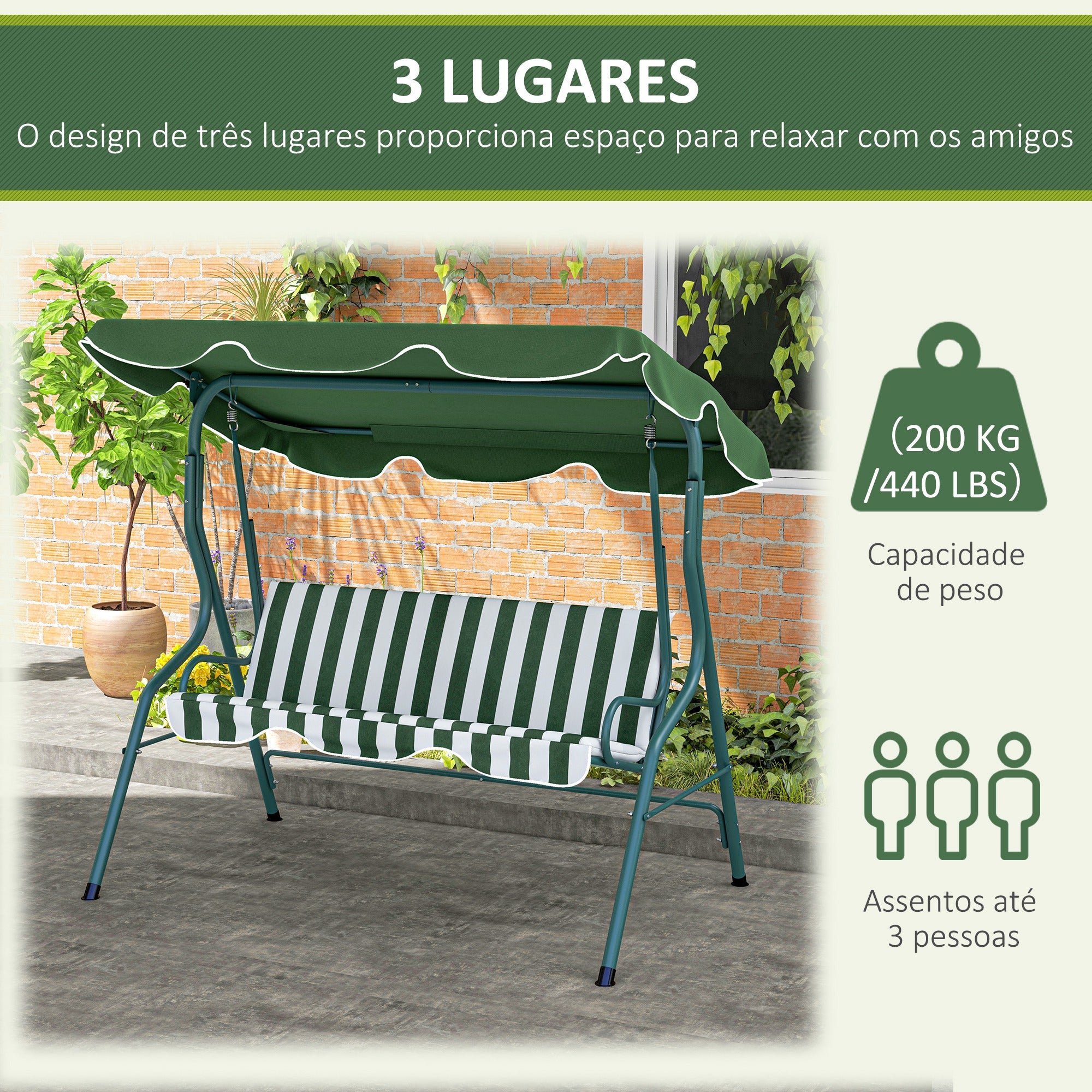 Baloiço de Jardim 2-3 Lugares Verde e Branco 170x110x153cm