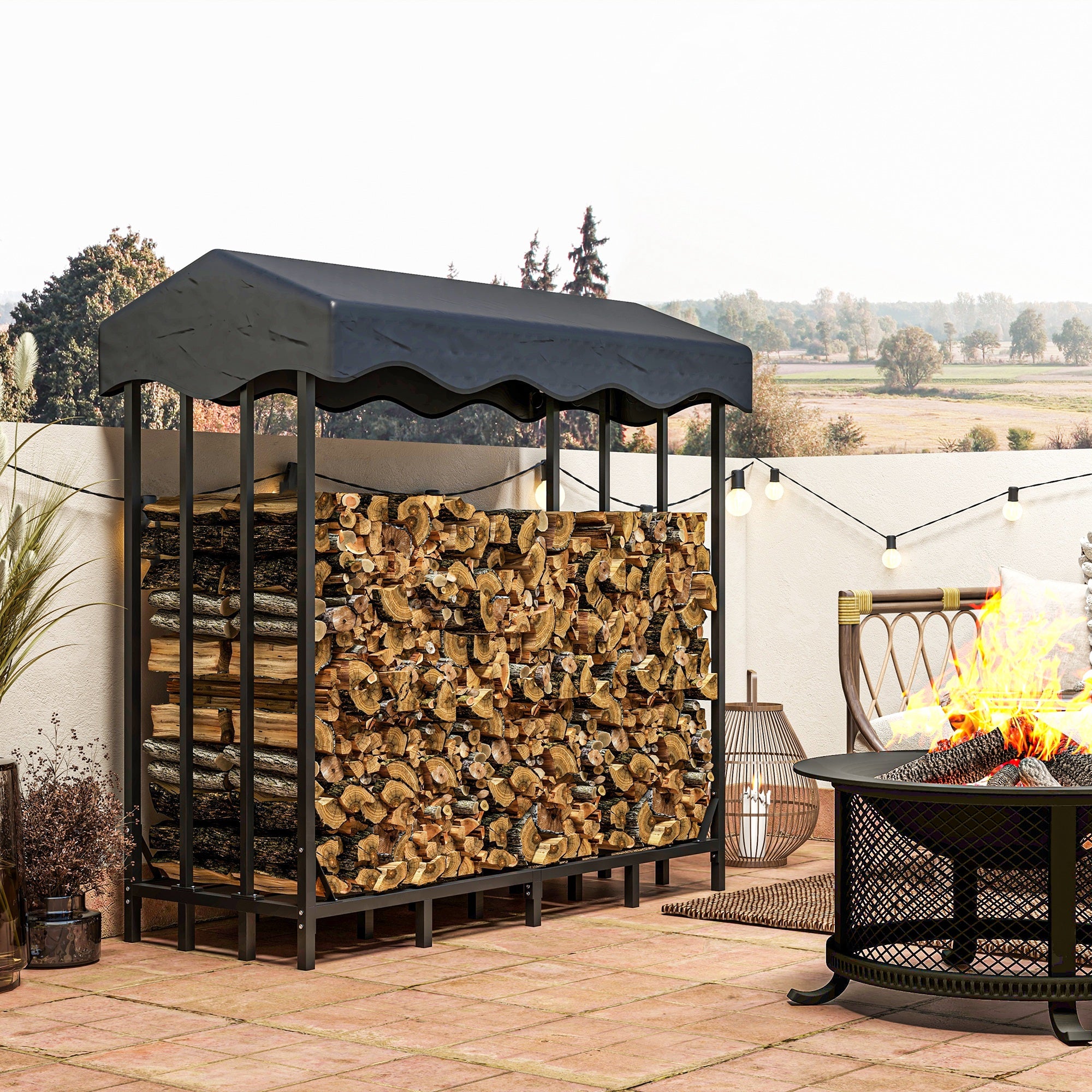 Suporte para Lenha Preto 143x70x145 cm - Armazenamento 1200 kg