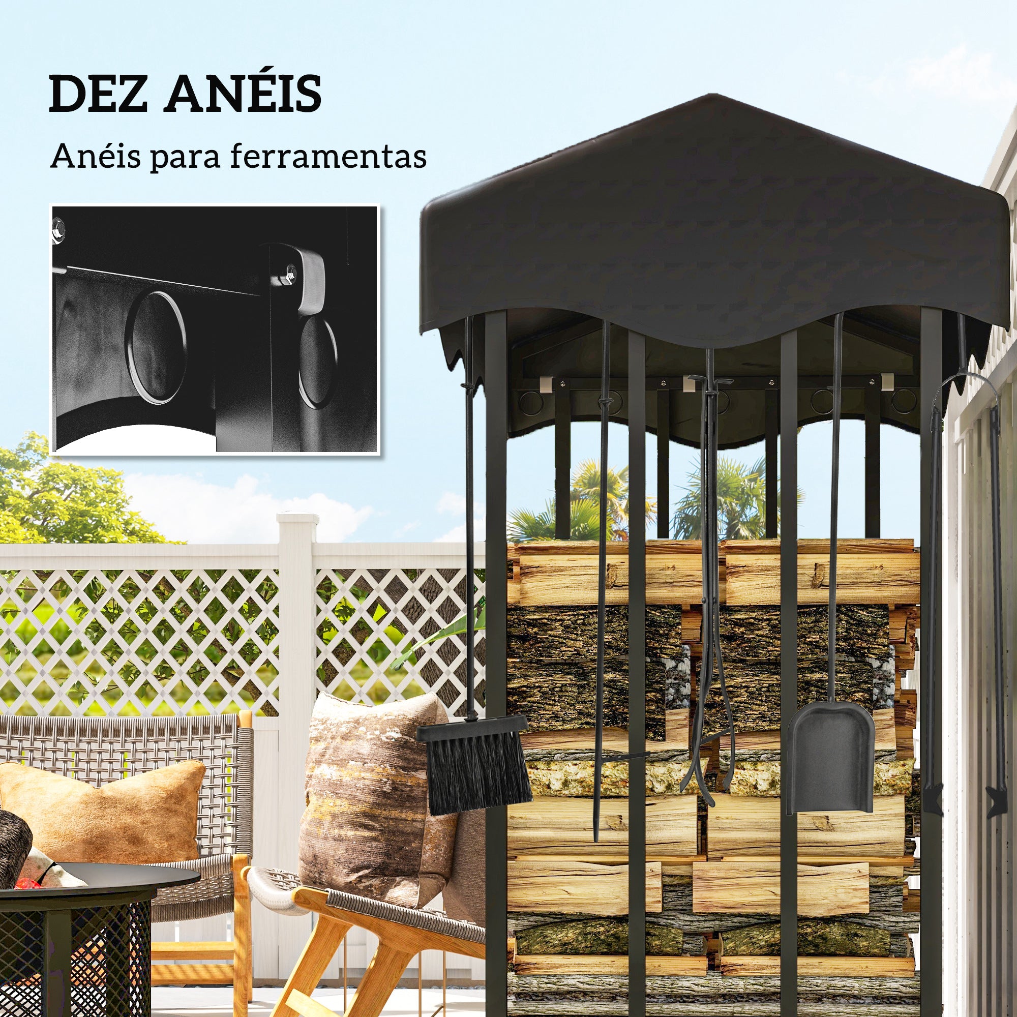 Suporte para Lenha Preto 143x70x145 cm - Armazenamento 1200 kg