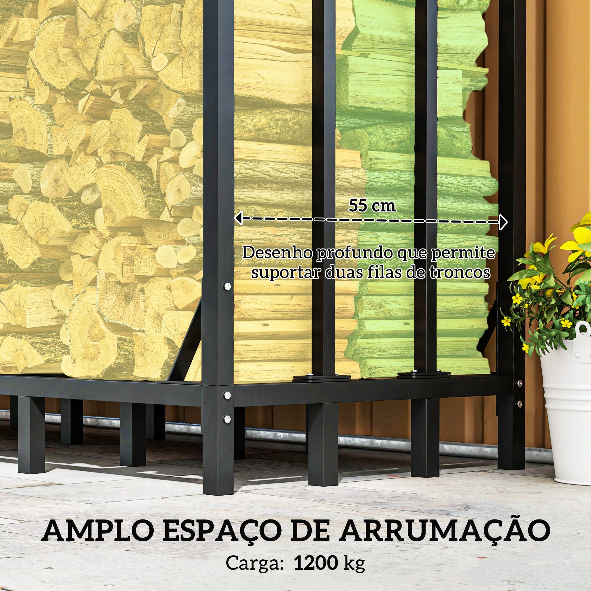 Suporte para Lenha Preto 143x70x145 cm - Armazenamento 1200 kg
