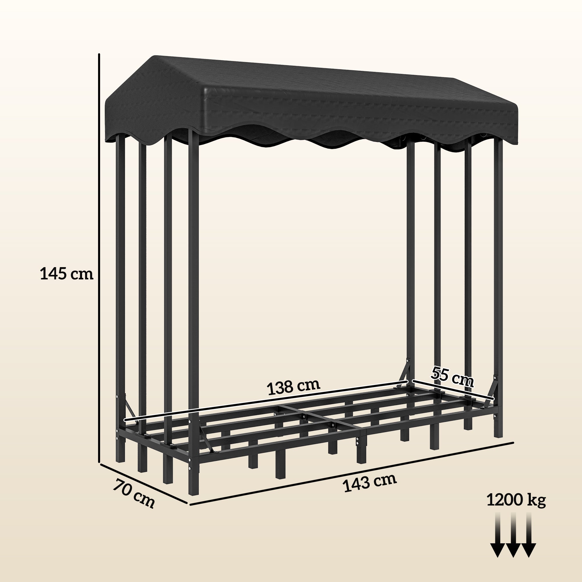 Suporte para Lenha Preto 143x70x145 cm - Armazenamento 1200 kg