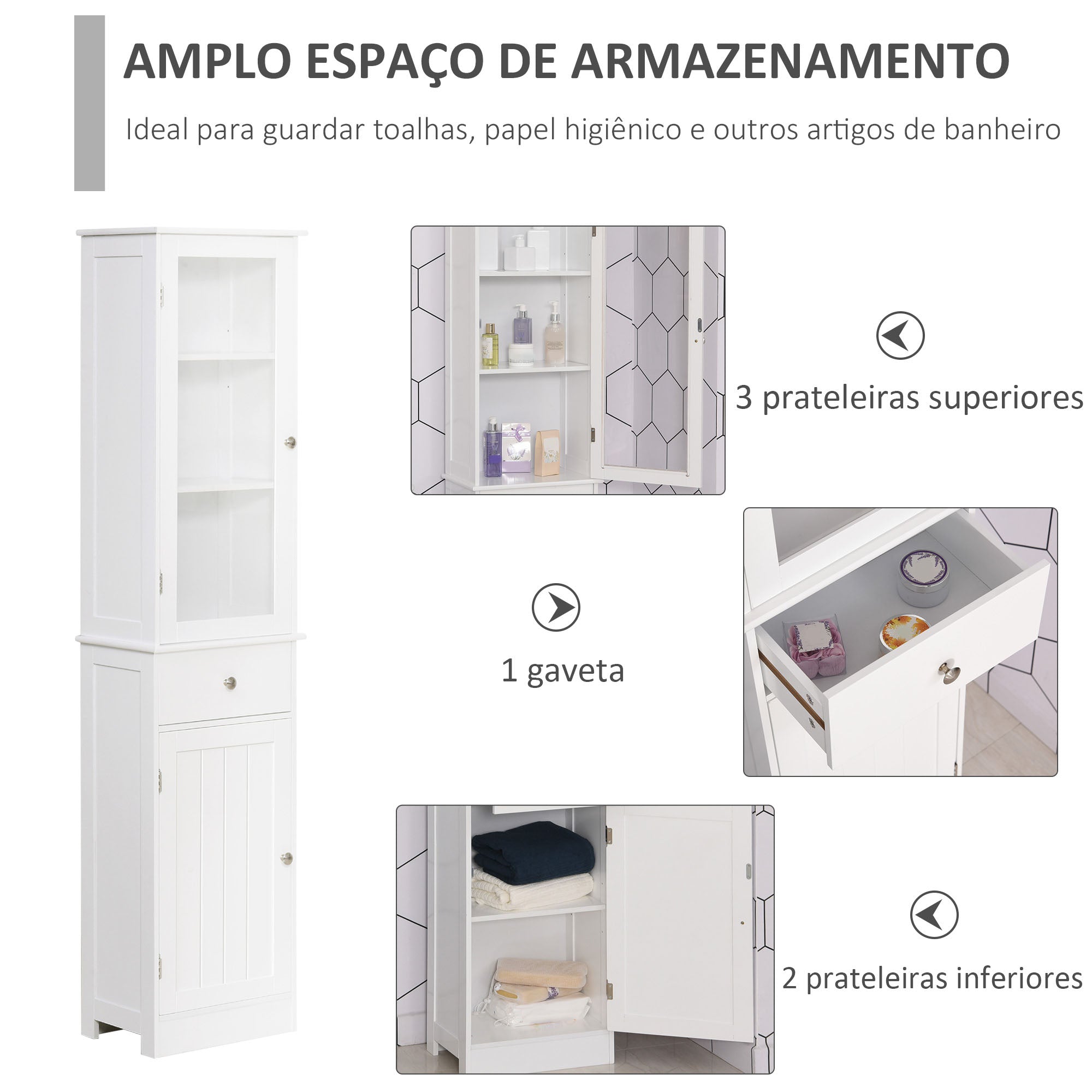 Armário Alto para Casa de Banho Moderno 40x27x171,5cm Branco