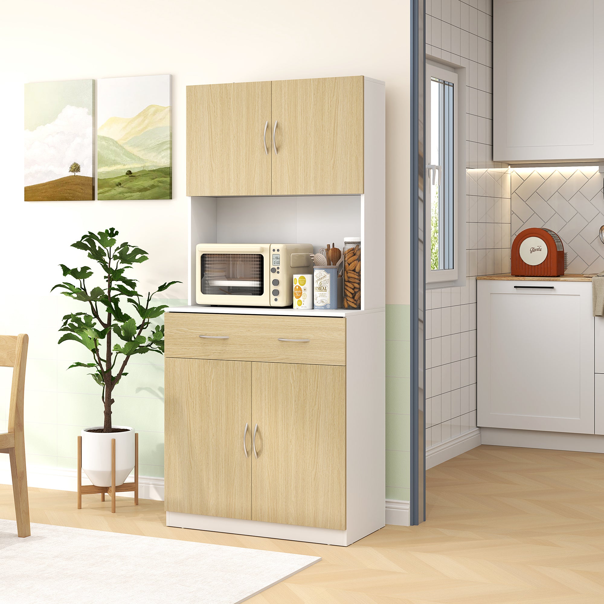 Armário de Cozinha 80x40x180 cm em Madeira e Branco com Gaveta e Prateleiras Ajustáveis