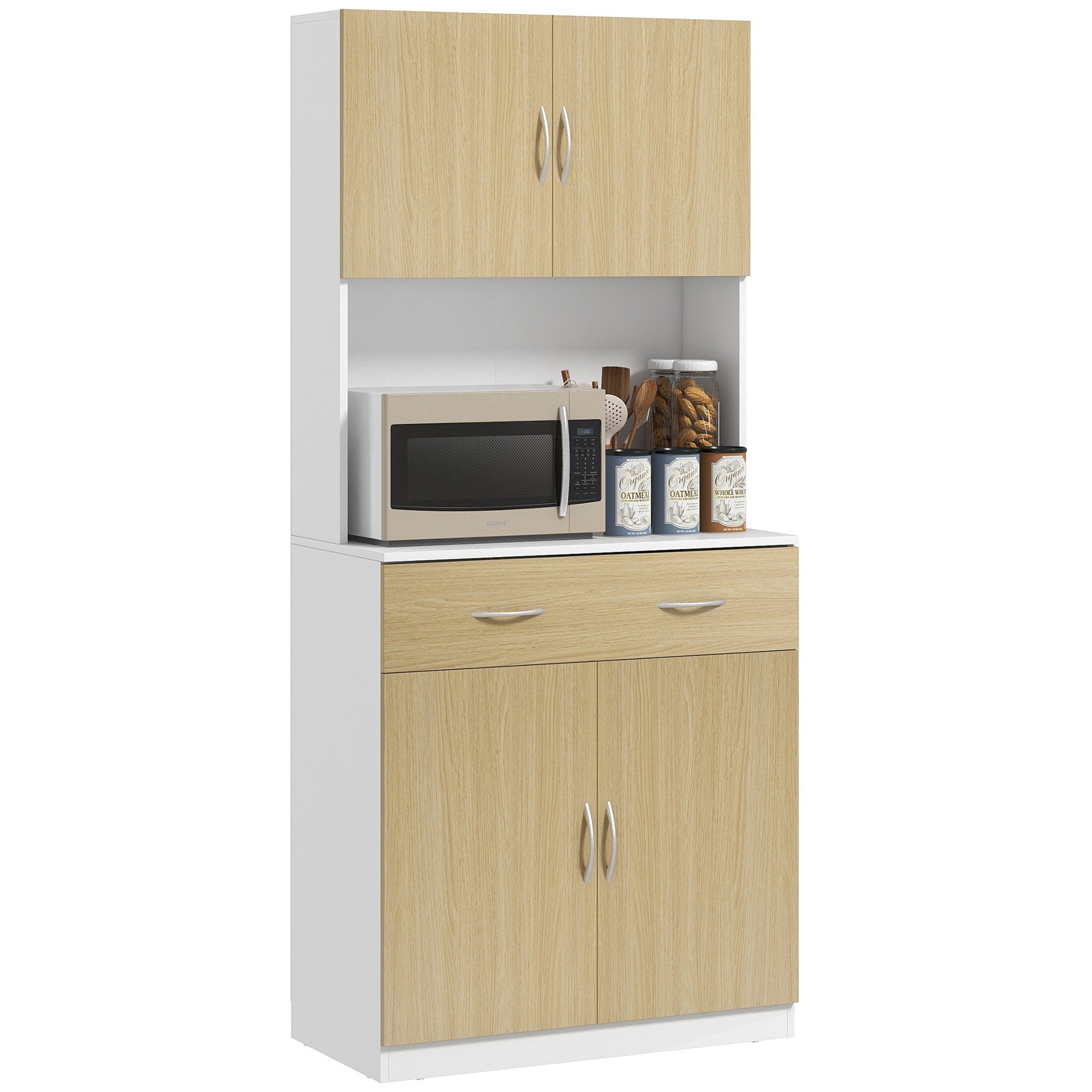 Armário de Cozinha 80x40x180 cm em Madeira e Branco com Gaveta e Prateleiras Ajustáveis