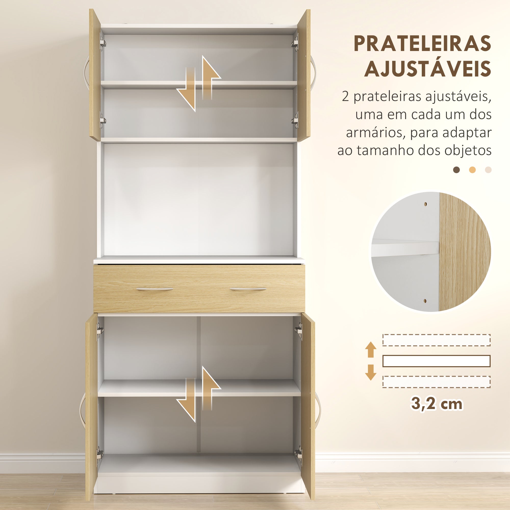 Armário de Cozinha 80x40x180 cm em Madeira e Branco com Gaveta e Prateleiras Ajustáveis