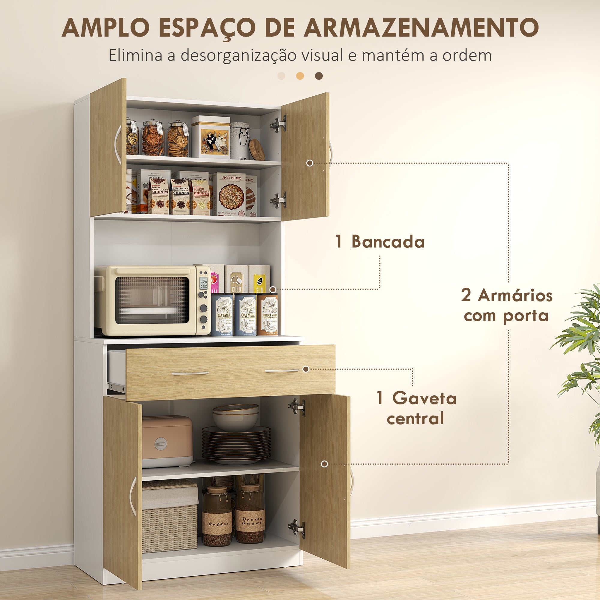 Armário de Cozinha 80x40x180 cm em Madeira e Branco com Gaveta e Prateleiras Ajustáveis