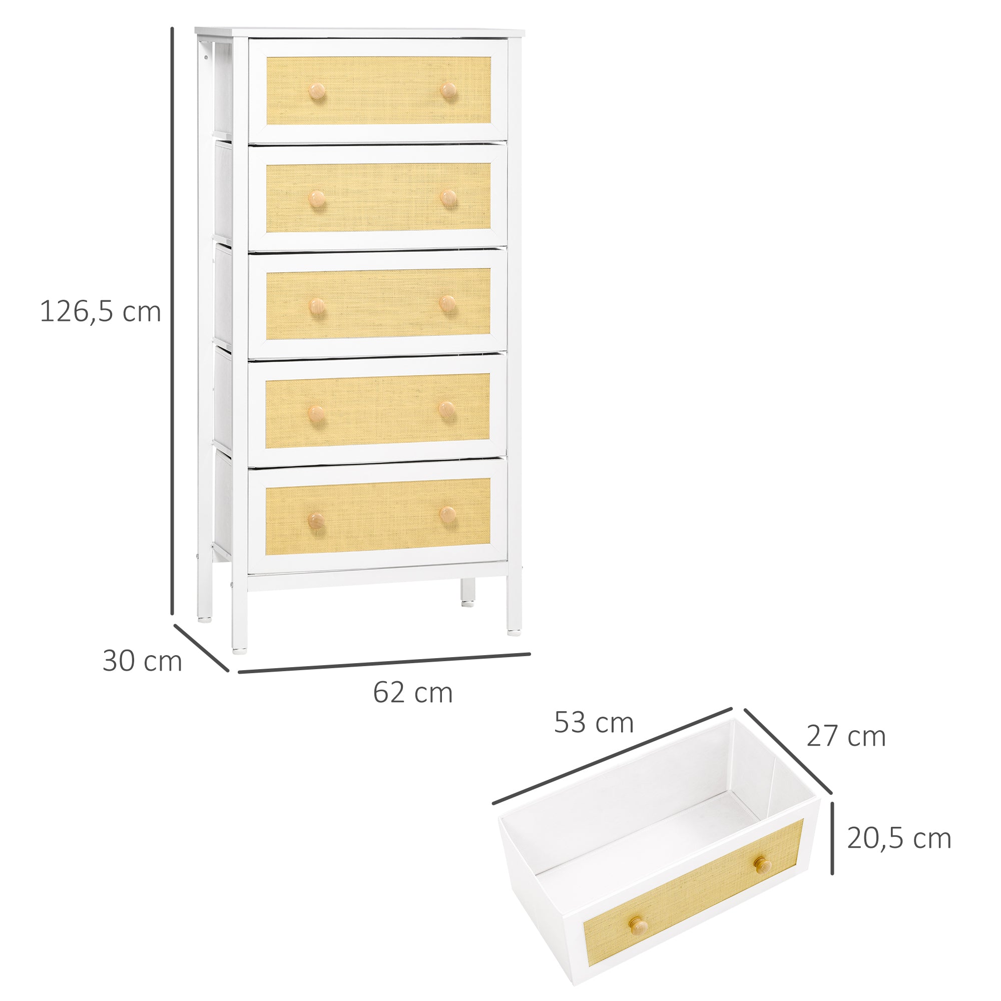 Cómoda Bohemio 5 Gavetas Tecido 62x30x126,5 cm Branco