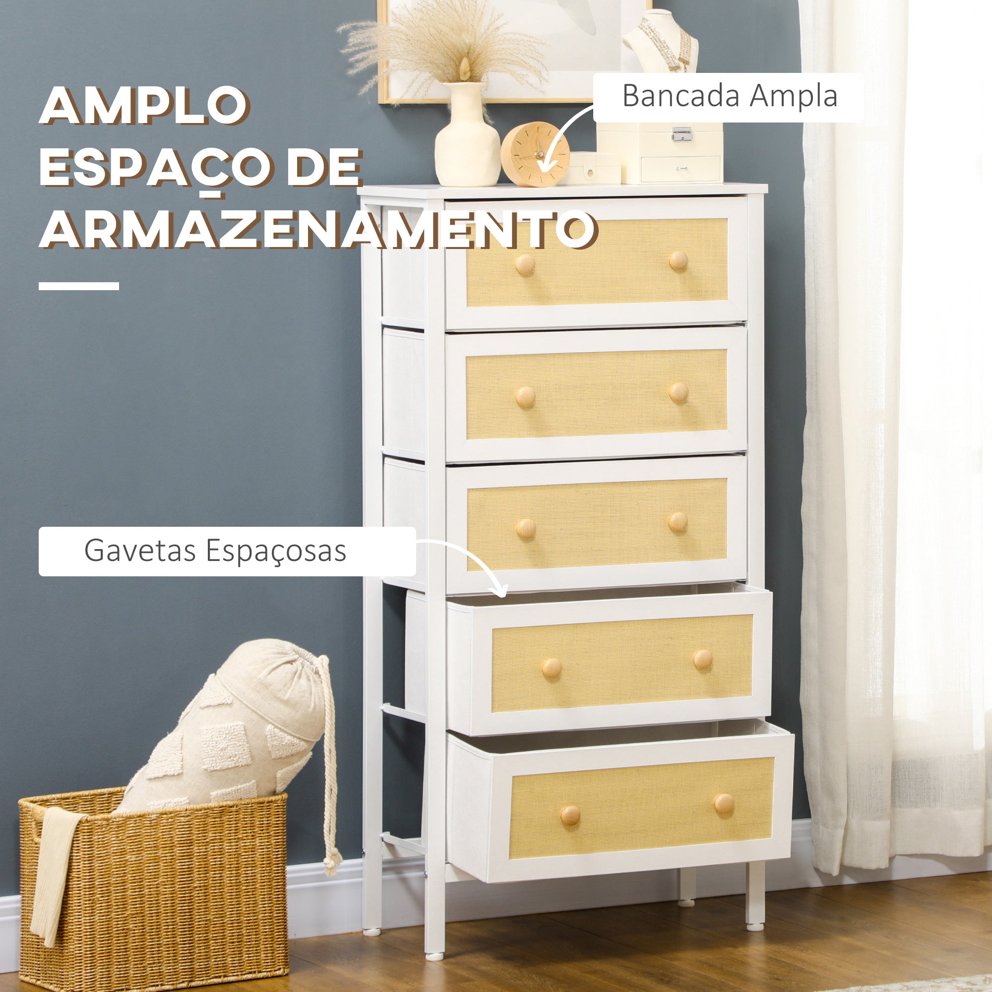 Cómoda Bohemio 5 Gavetas Tecido 62x30x126,5 cm Branco