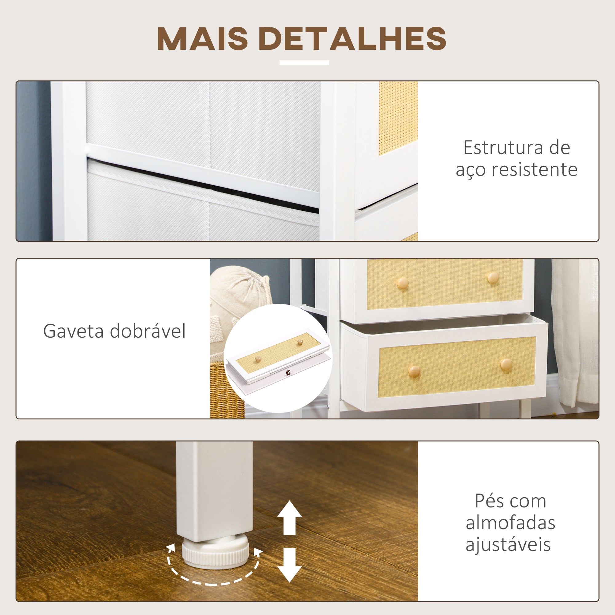 Cómoda Bohemio 5 Gavetas Tecido 62x30x126,5 cm Branco