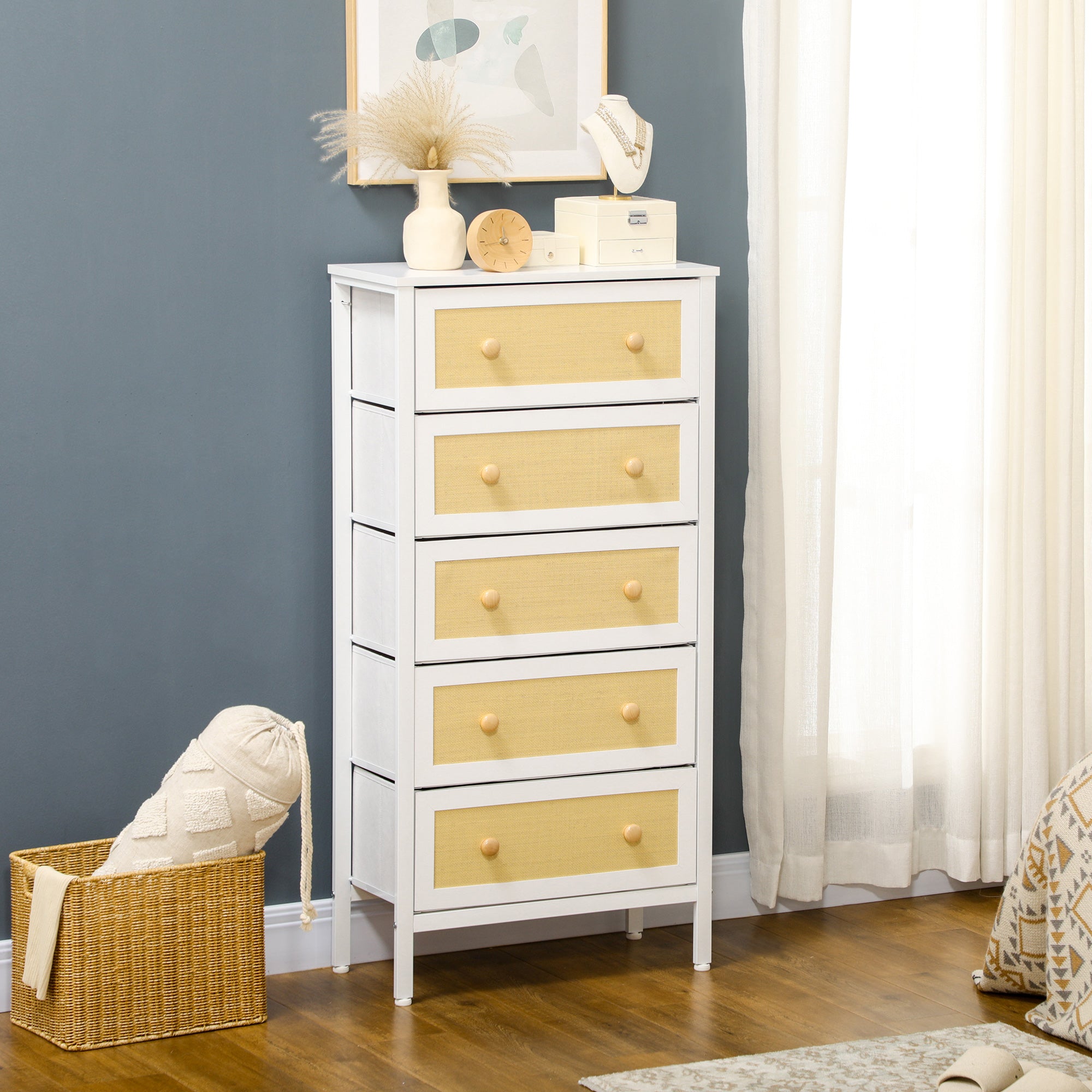 Cómoda Bohemio 5 Gavetas Tecido 62x30x126,5 cm Branco