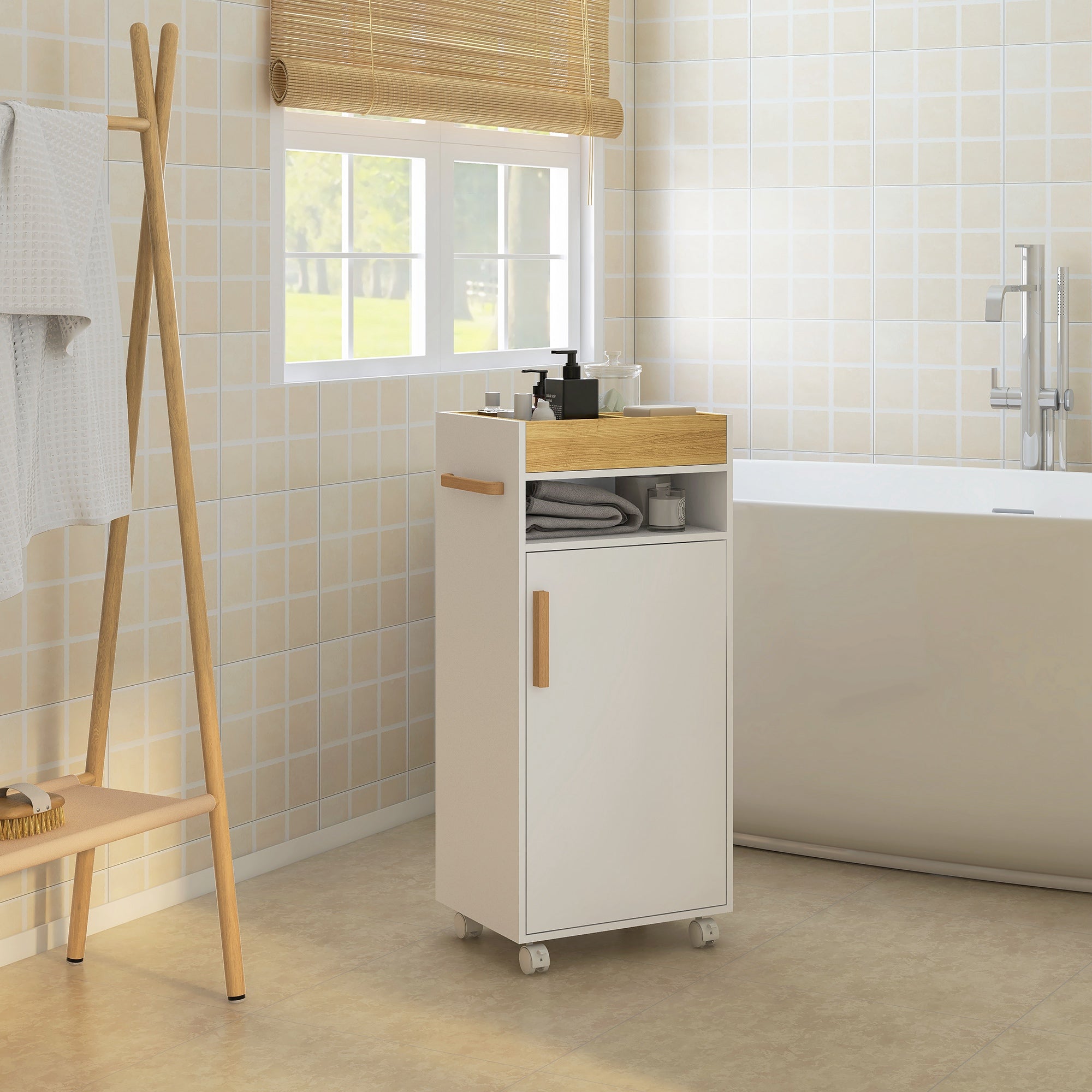 Armário Casa de Banho Moderno com Prateleiras Ajustáveis 40x30x88 cm - Branco e Madeira