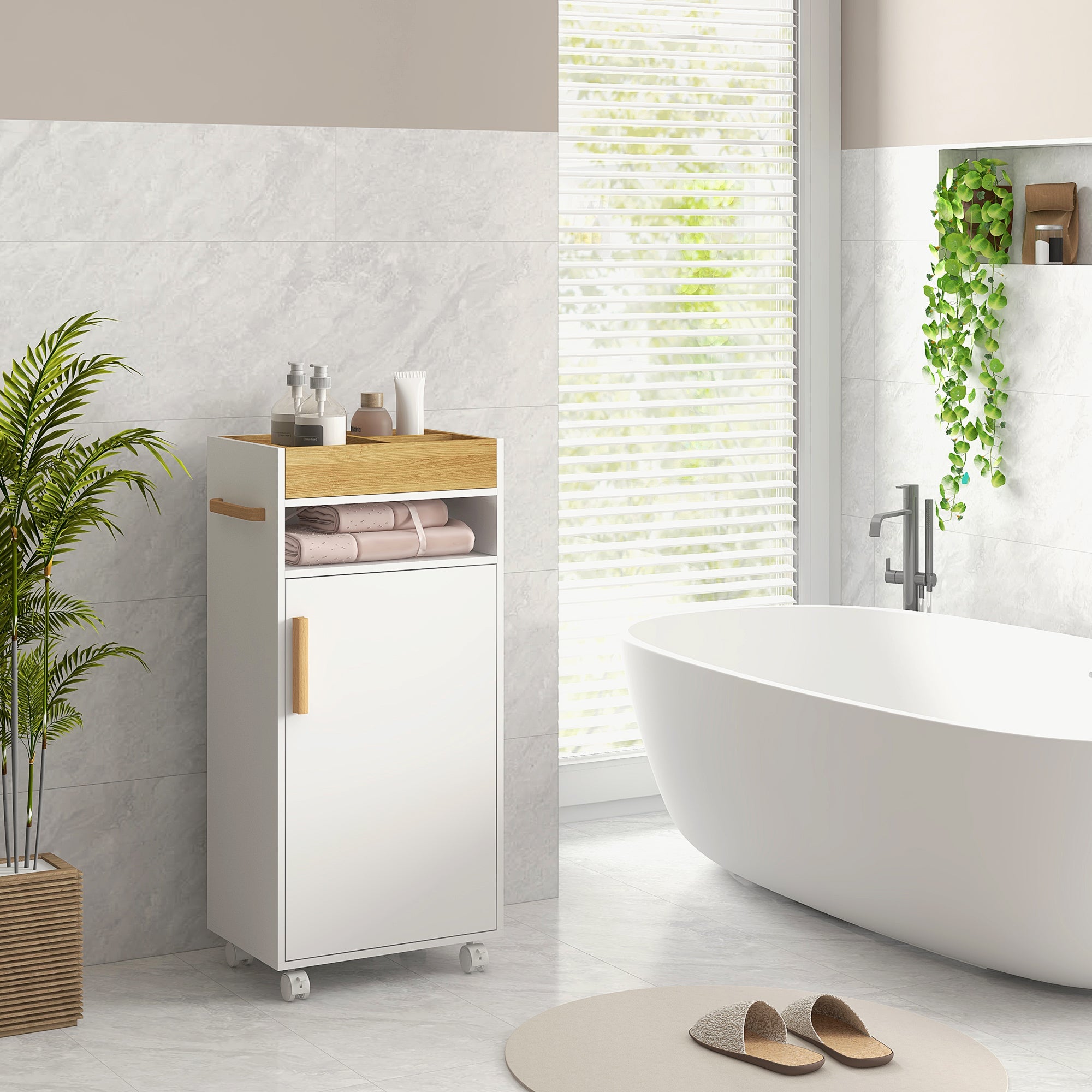 Armário Casa de Banho Moderno com Prateleiras Ajustáveis 40x30x88 cm - Branco e Madeira
